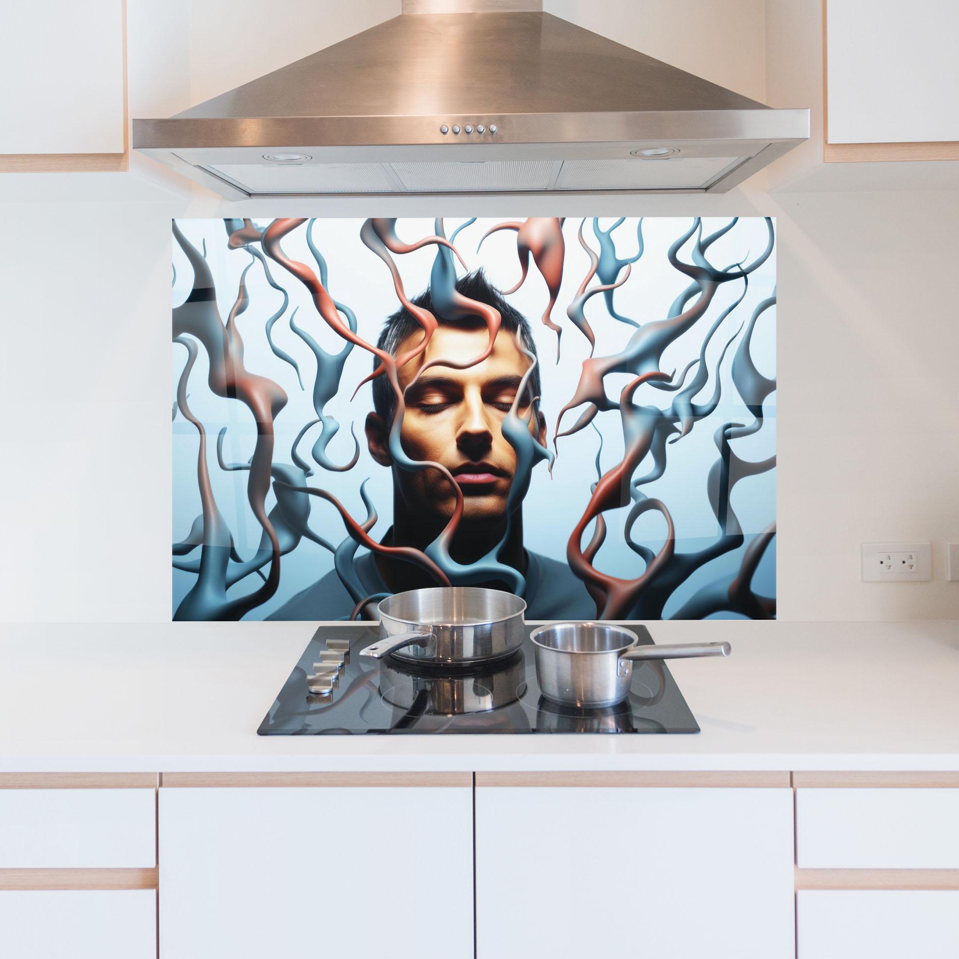 Küchenrückwand Glas Blue Red Swirls mockup 5