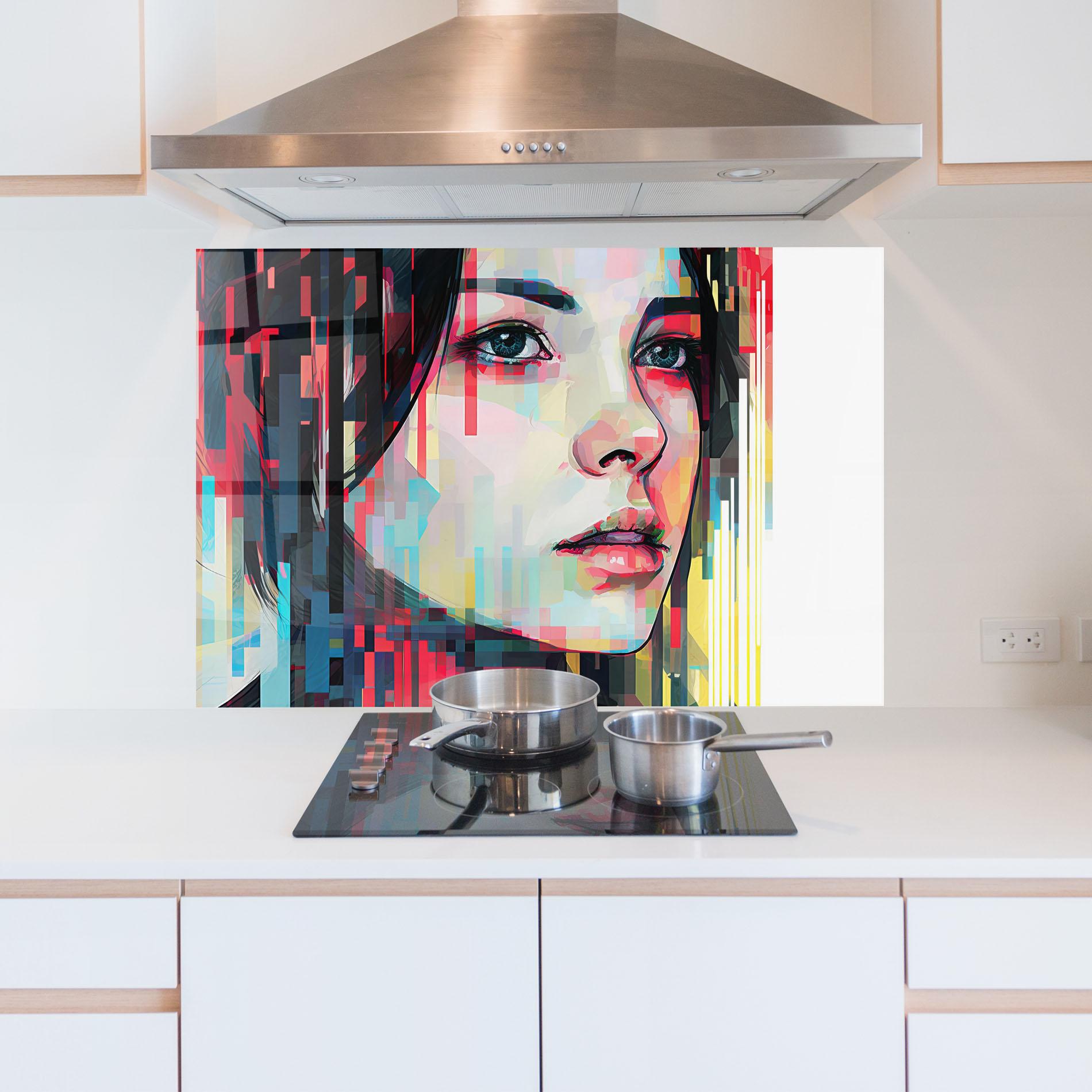 Küchenrückwand Glas Colorful Glitchy Girl mockup 5