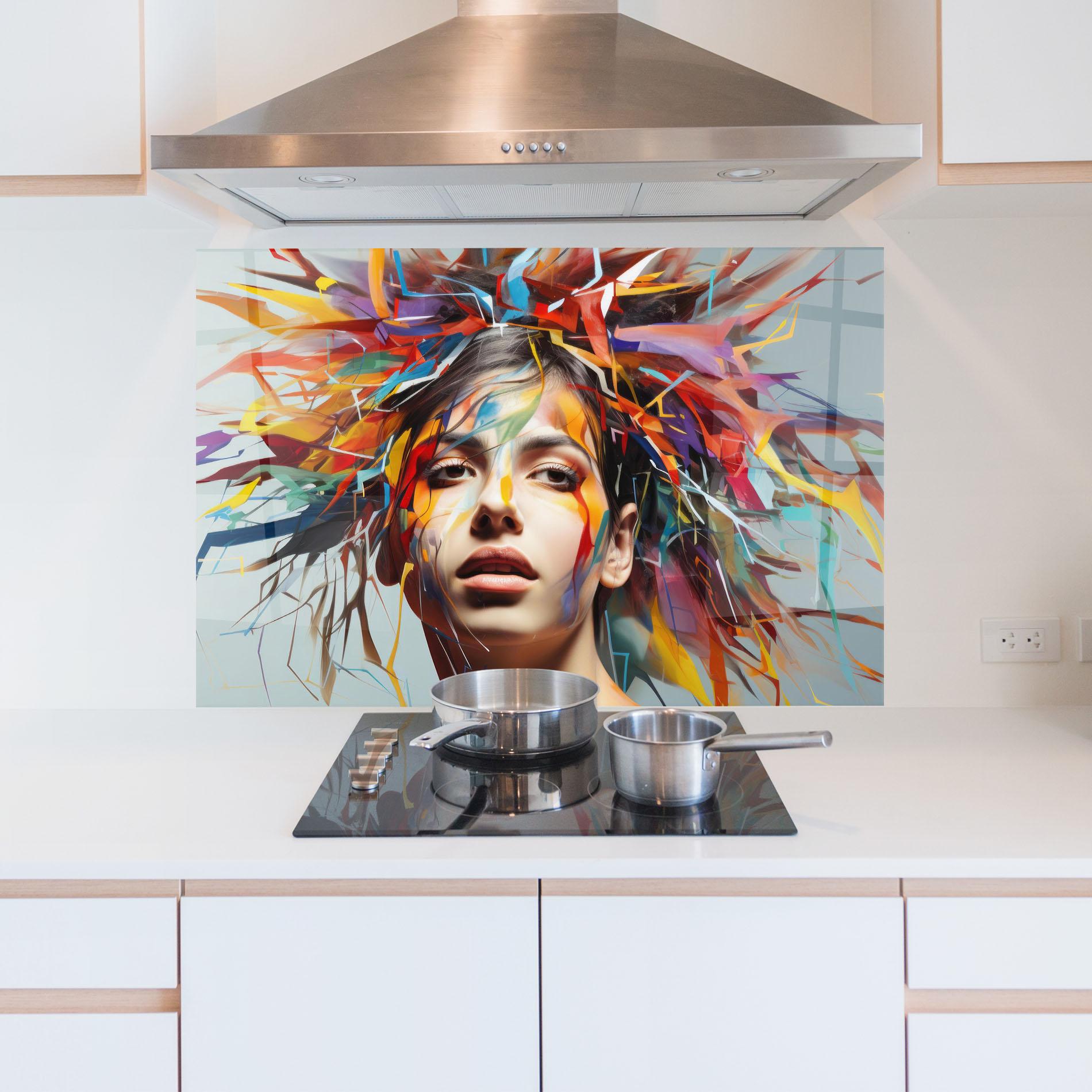 Küchenrückwand Glas Colorful Paint Hair mockup 5