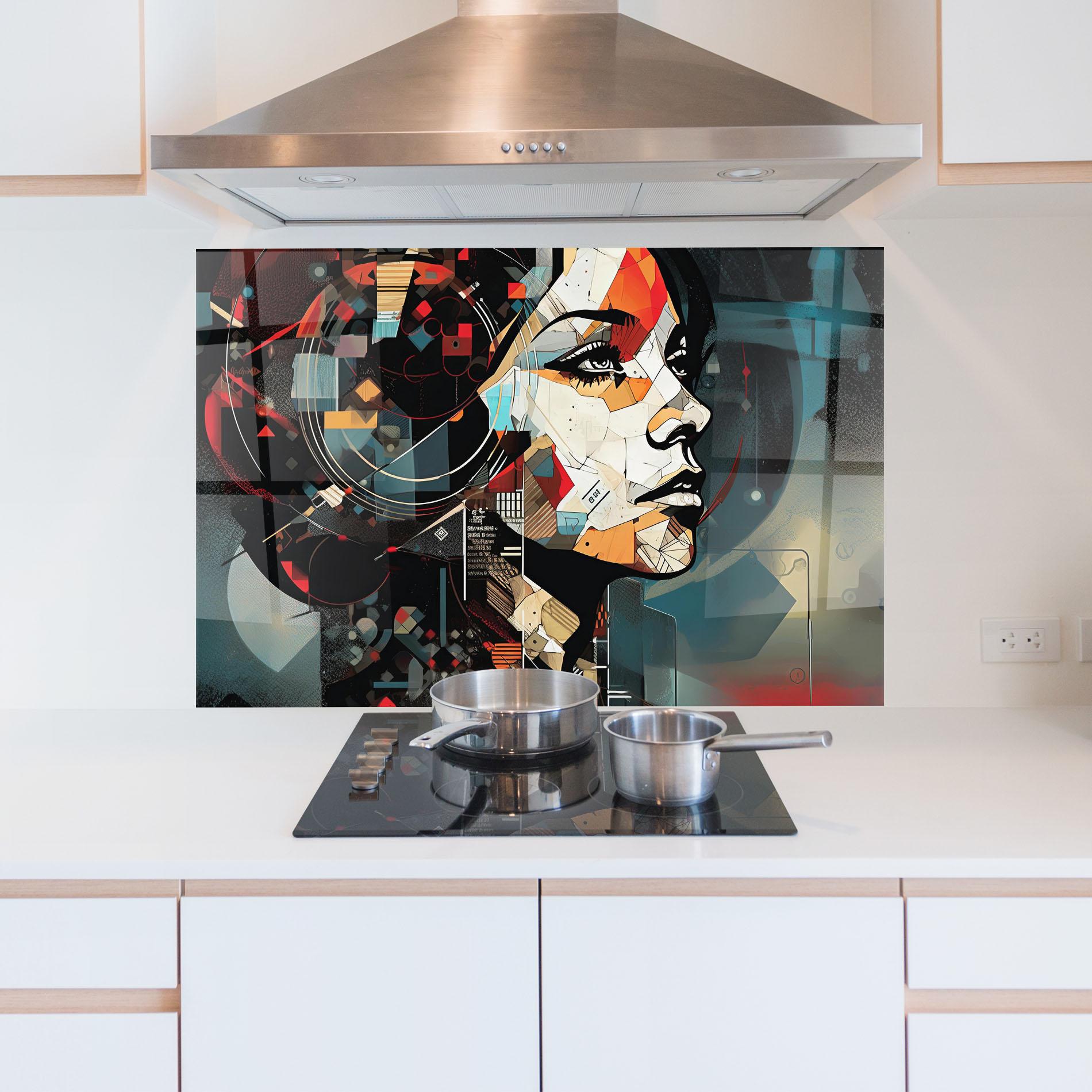 Küchenrückwand Glas Graphical Artwork Woman mockup 5