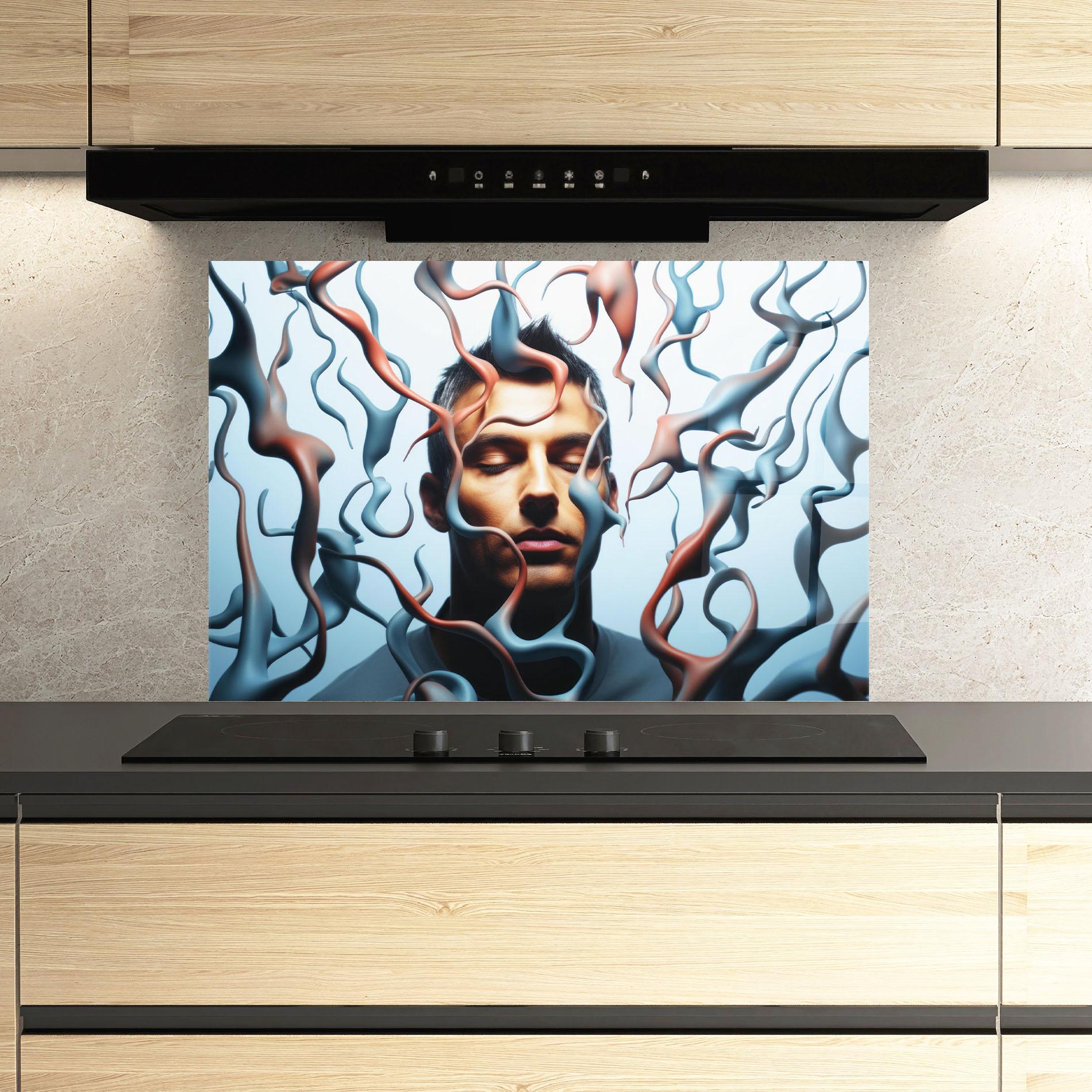 Küchenrückwand Glas Blue Red Swirls mockup 3