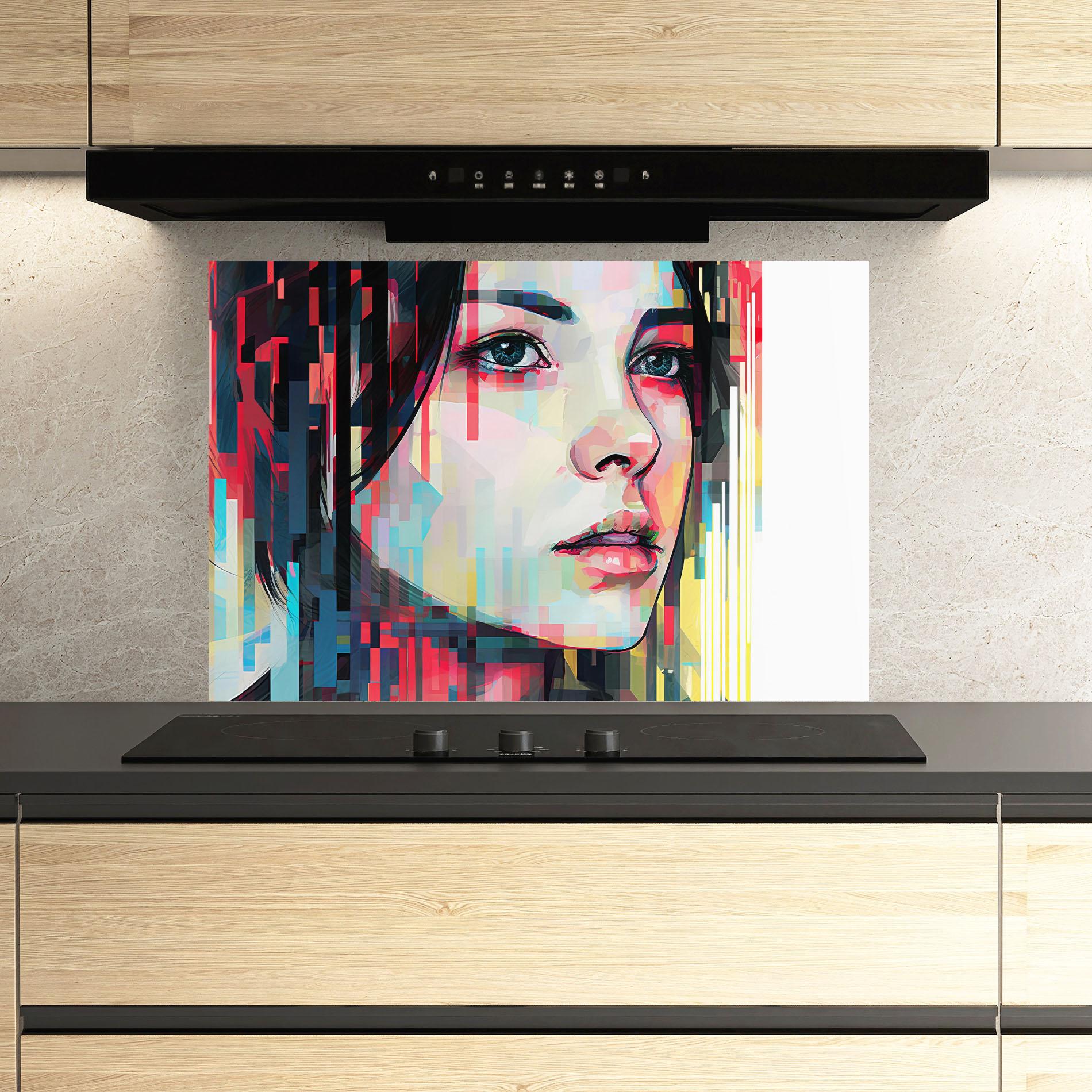 Küchenrückwand Glas Colorful Glitchy Girl mockup 3