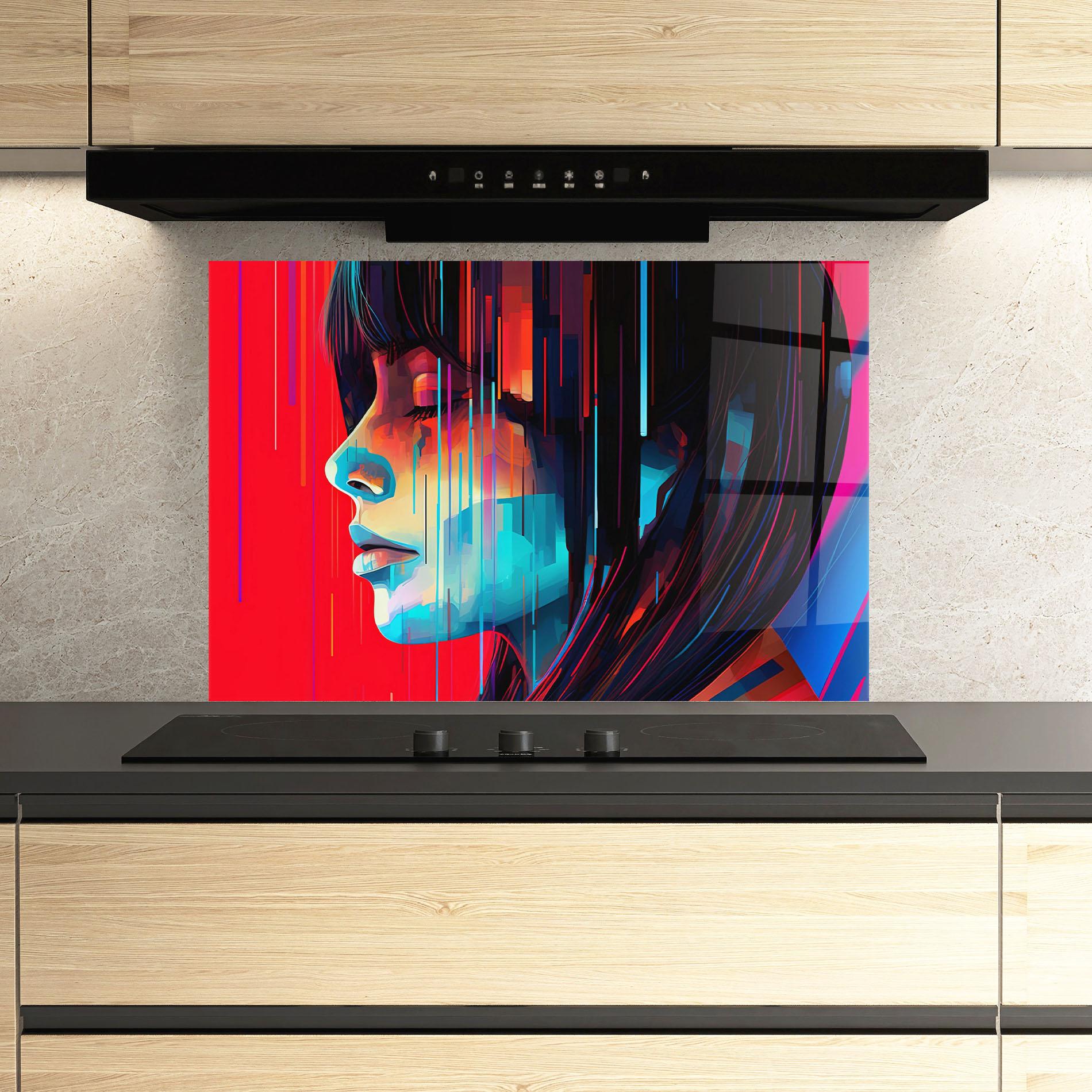 Küchenrückwand Glas Colorful Glitchy Portrait mockup 3