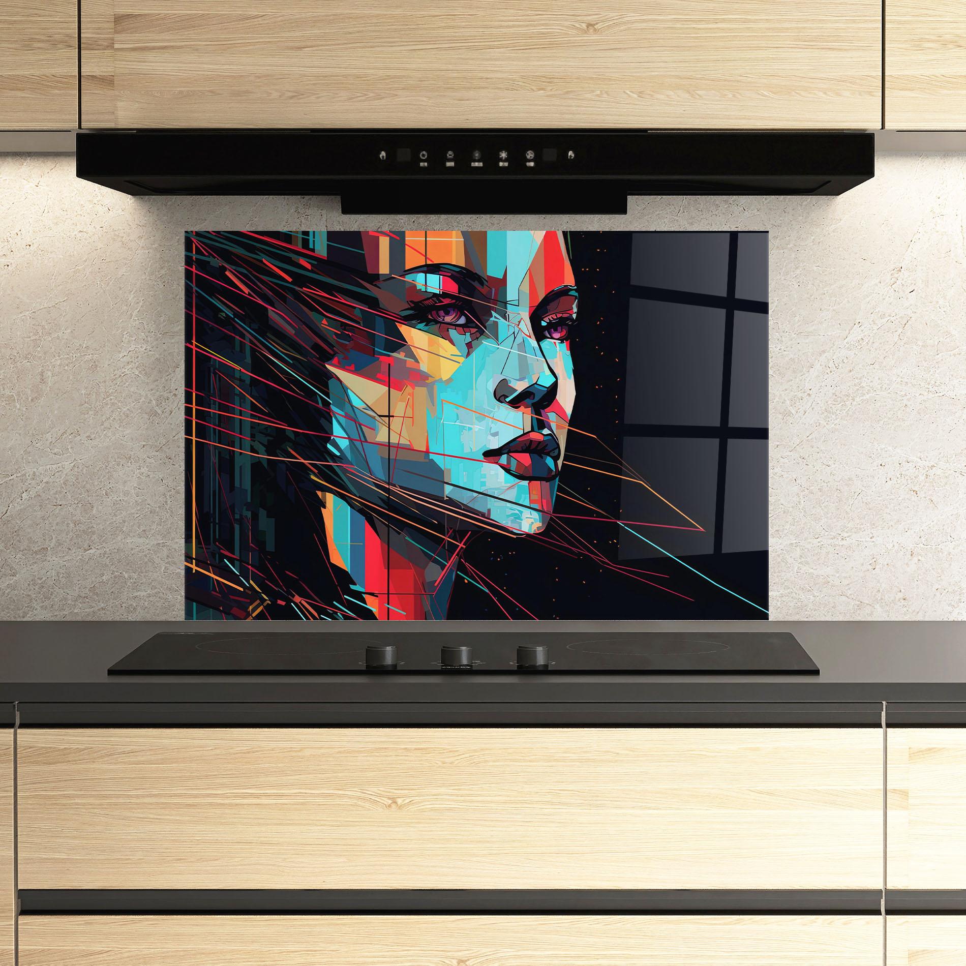 Küchenrückwand Glas Colorful Glitchy Woman mockup 3