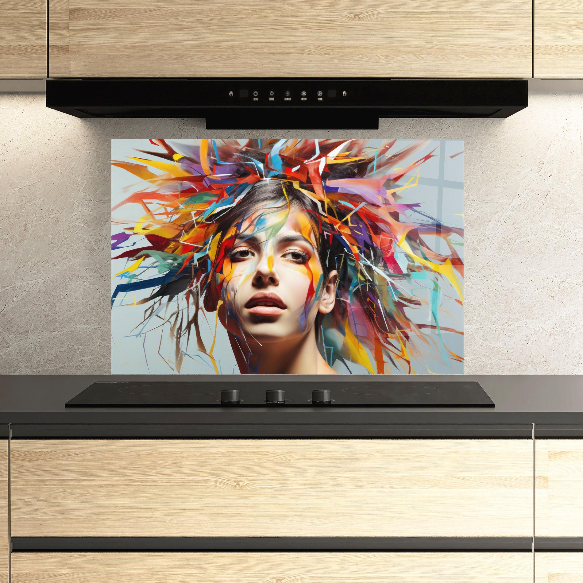 Küchenrückwand Glas Colorful Paint Hair mockup 3
