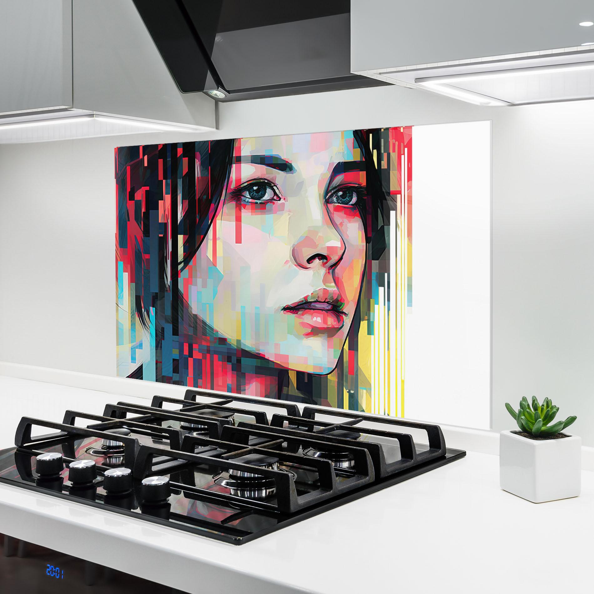 Küchenrückwand Glas Colorful Glitchy Girl mockup 6