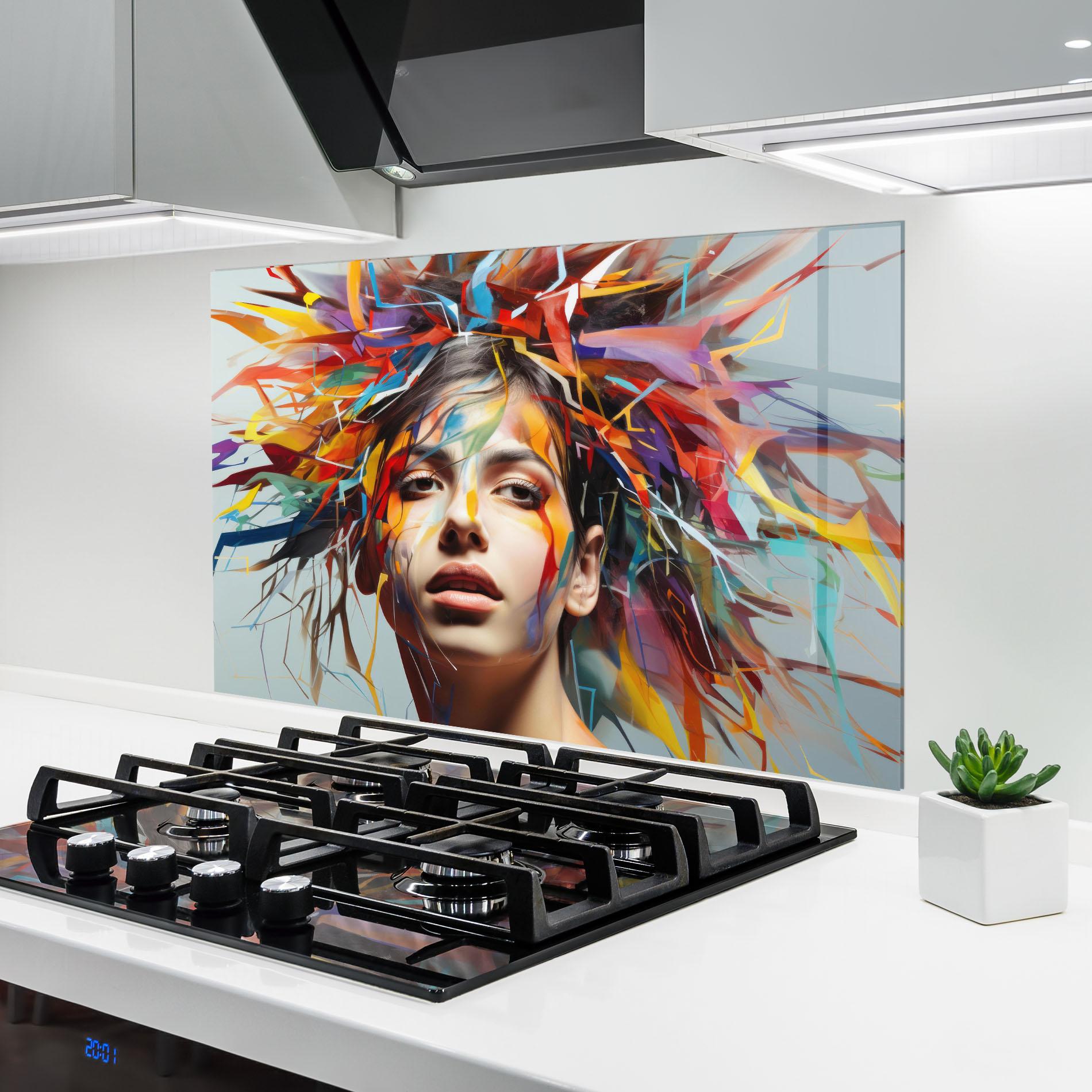 Küchenrückwand Glas Colorful Paint Hair mockup 6