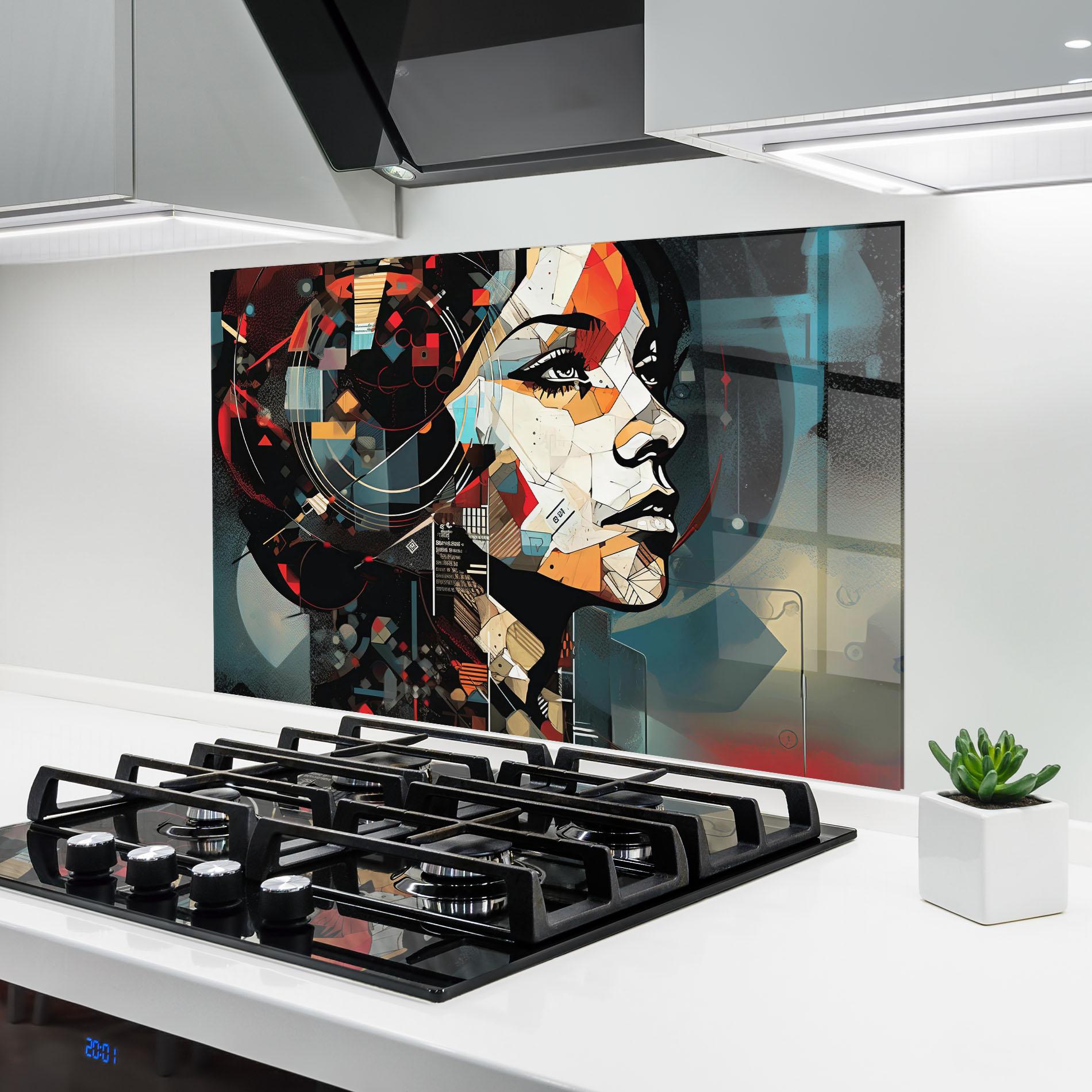 Küchenrückwand Glas Graphical Artwork Woman mockup 6
