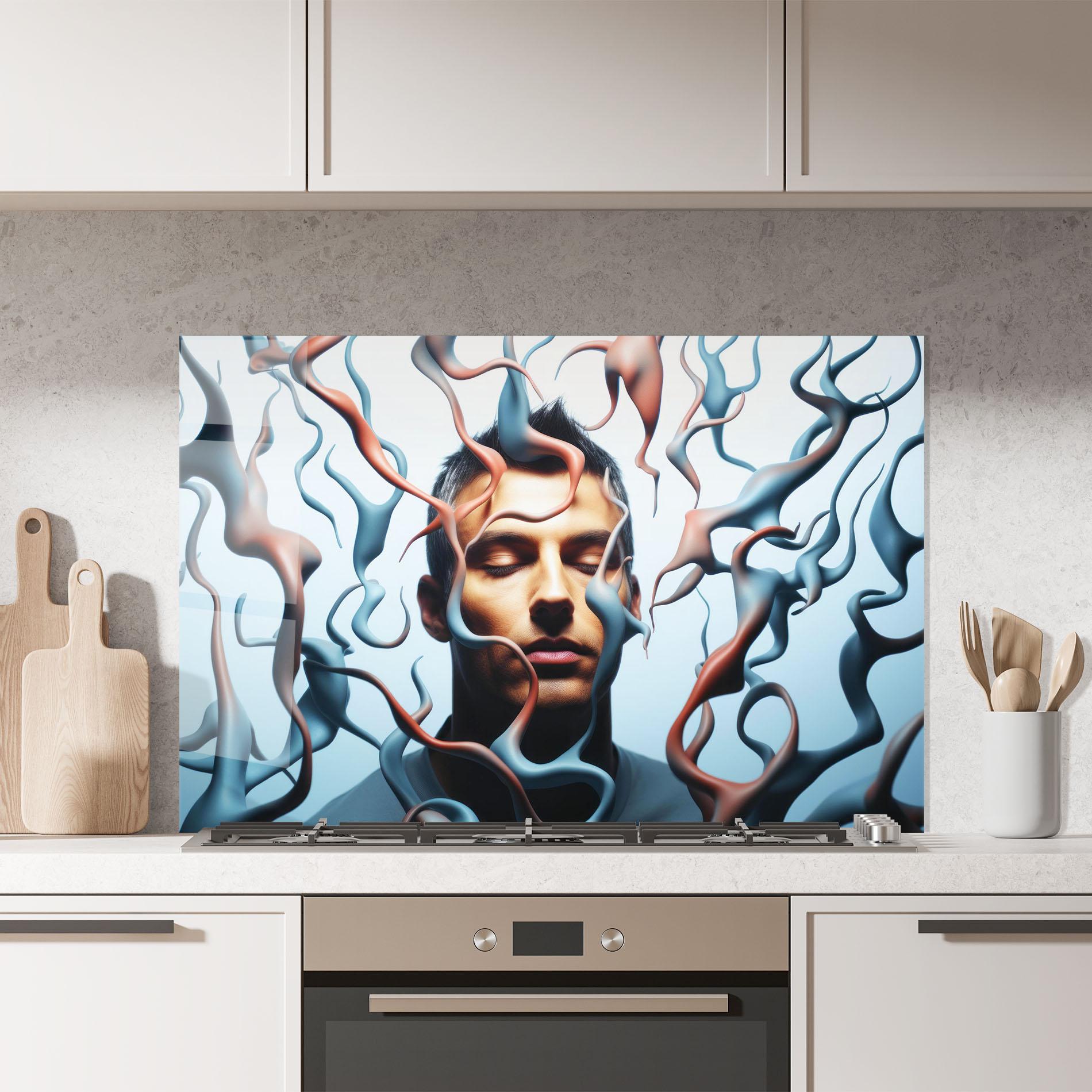 Küchenrückwand Glas Blue Red Swirls mockup 7