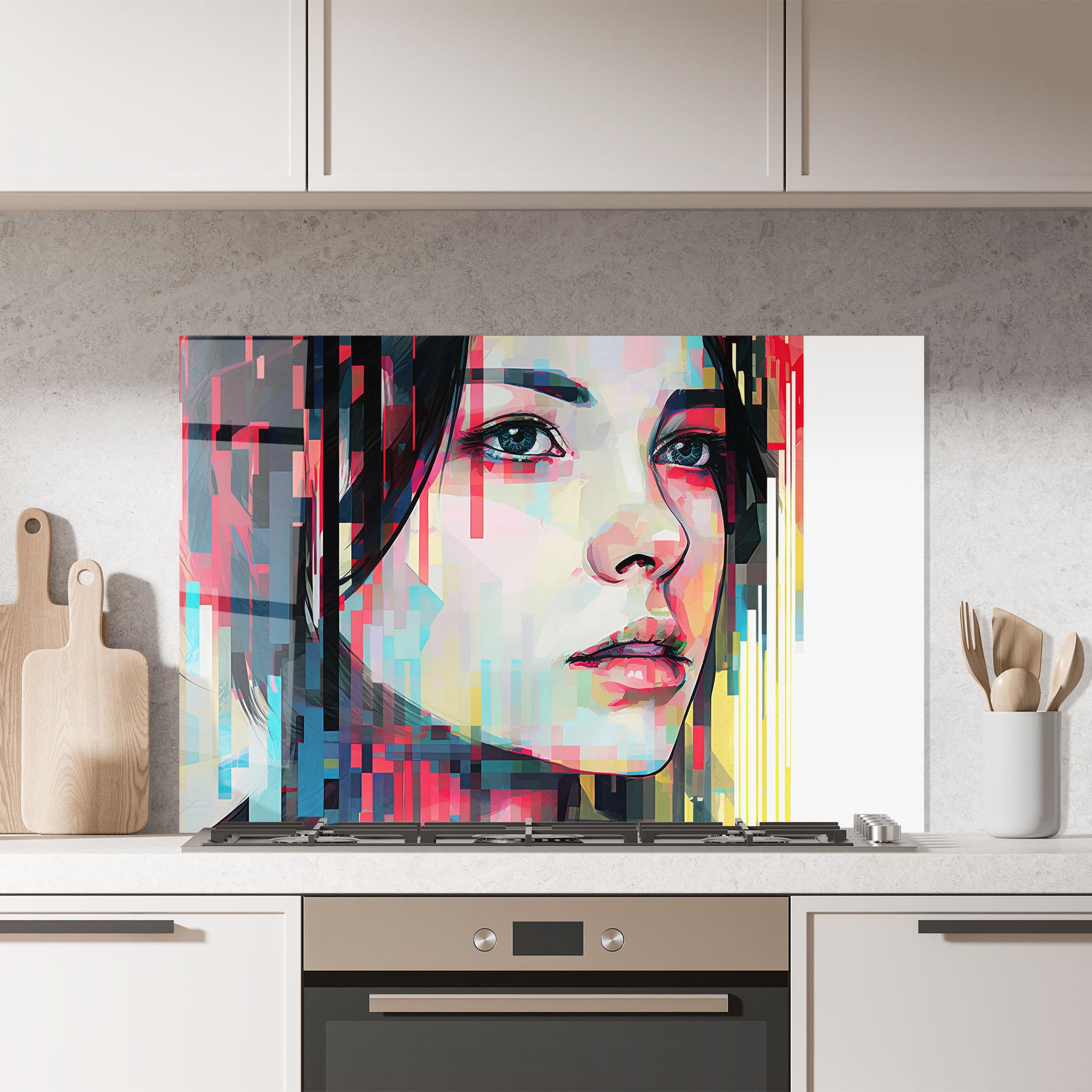 Küchenrückwand Glas Colorful Glitchy Girl mockup 7