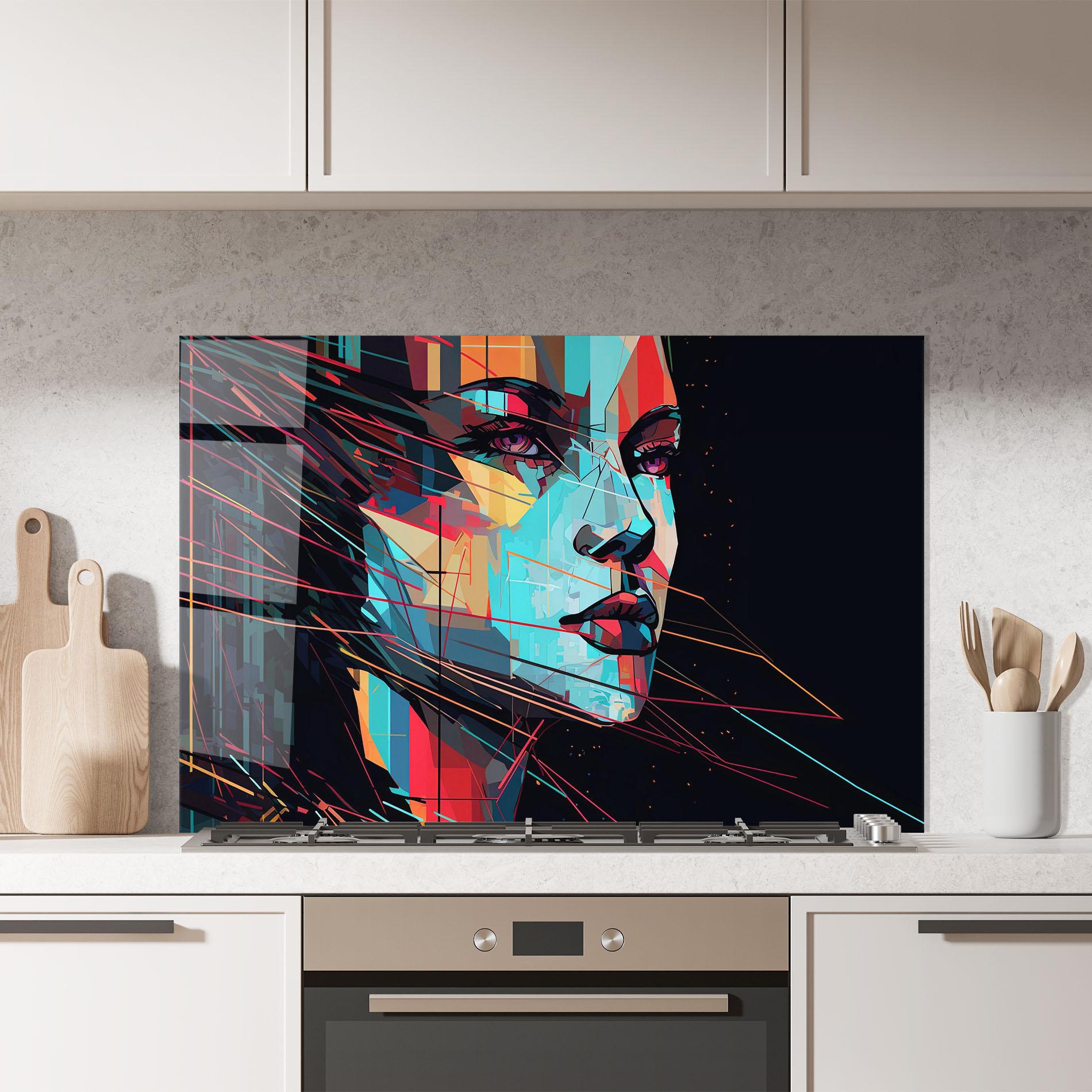 Küchenrückwand Glas Colorful Glitchy Woman mockup 7