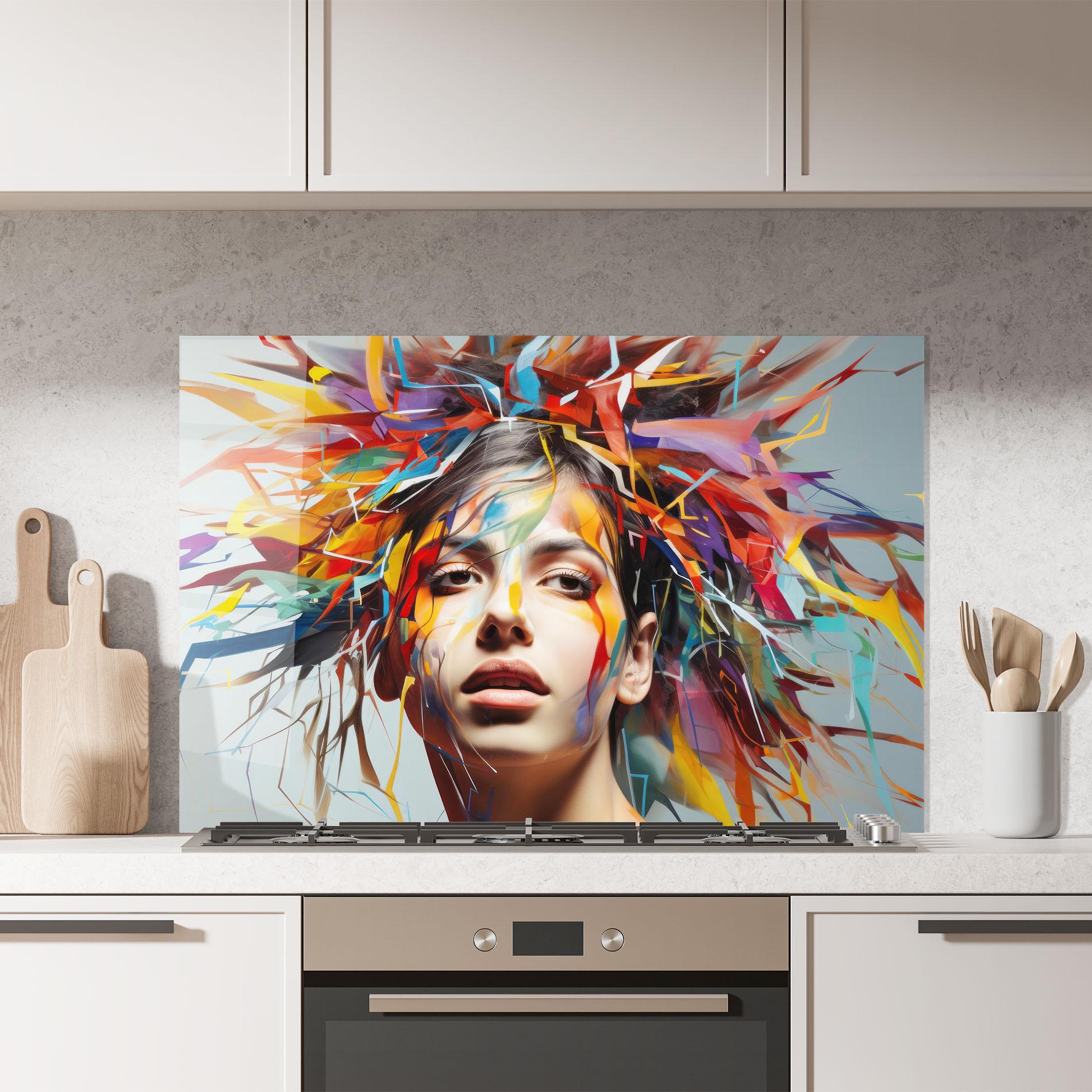 Küchenrückwand Glas Colorful Paint Hair mockup 7