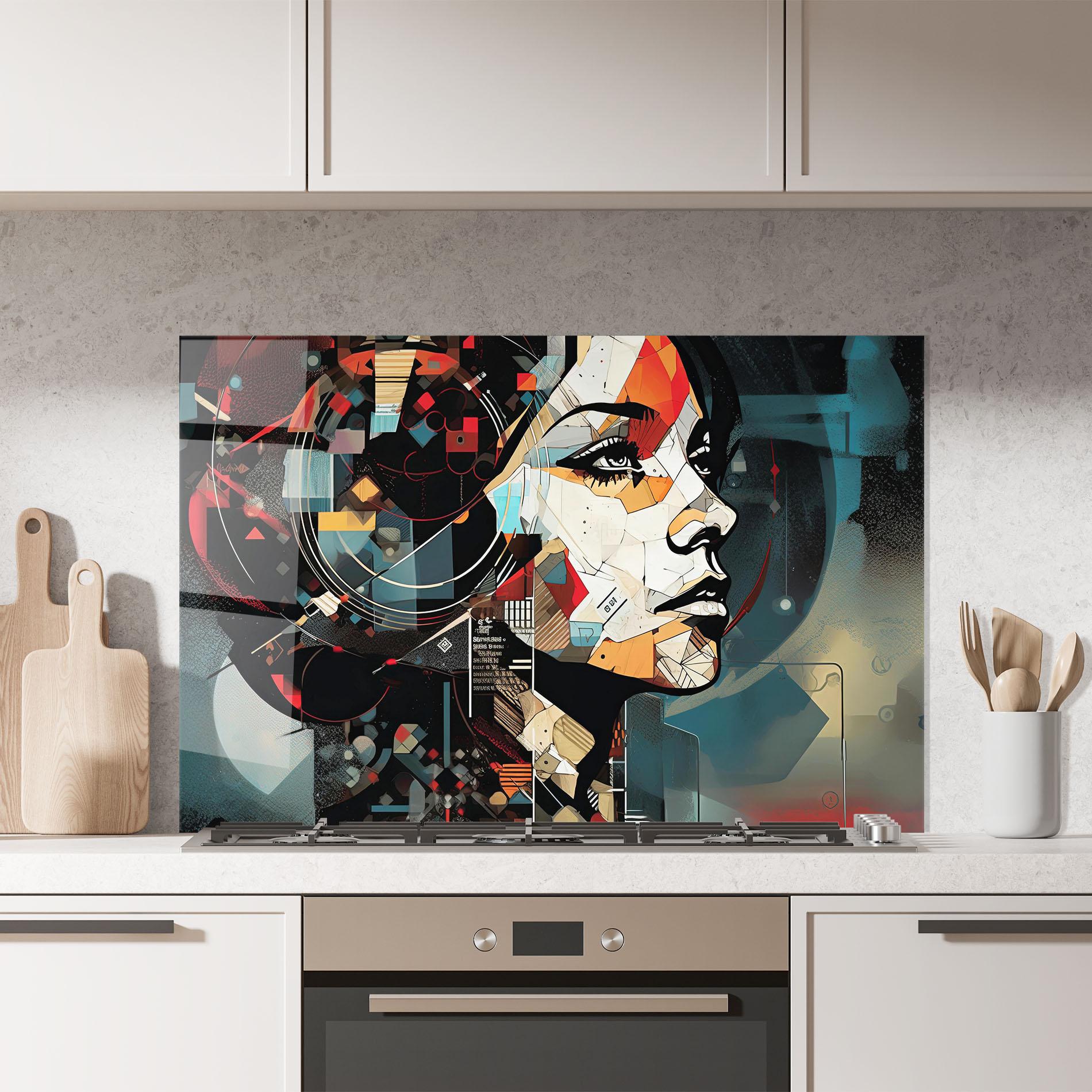 Küchenrückwand Glas Graphical Artwork Woman mockup 7