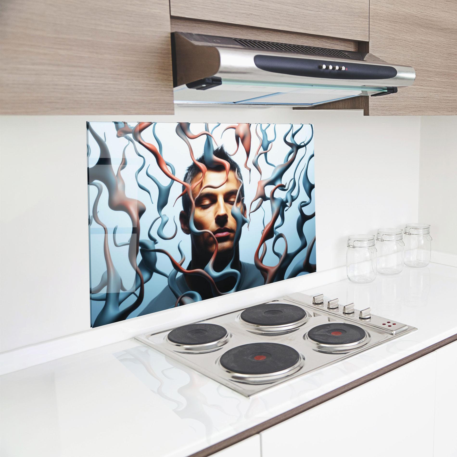 Küchenrückwand Glas Blue Red Swirls mockup 8