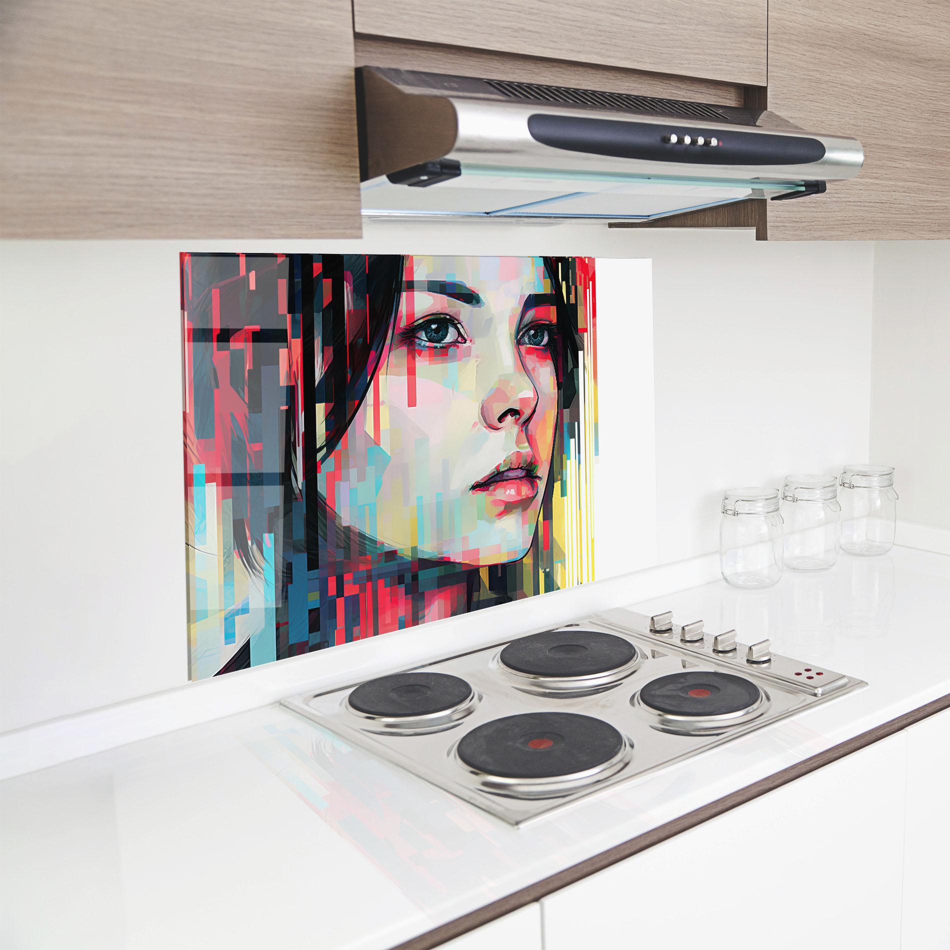 Küchenrückwand Glas Colorful Glitchy Girl mockup 8