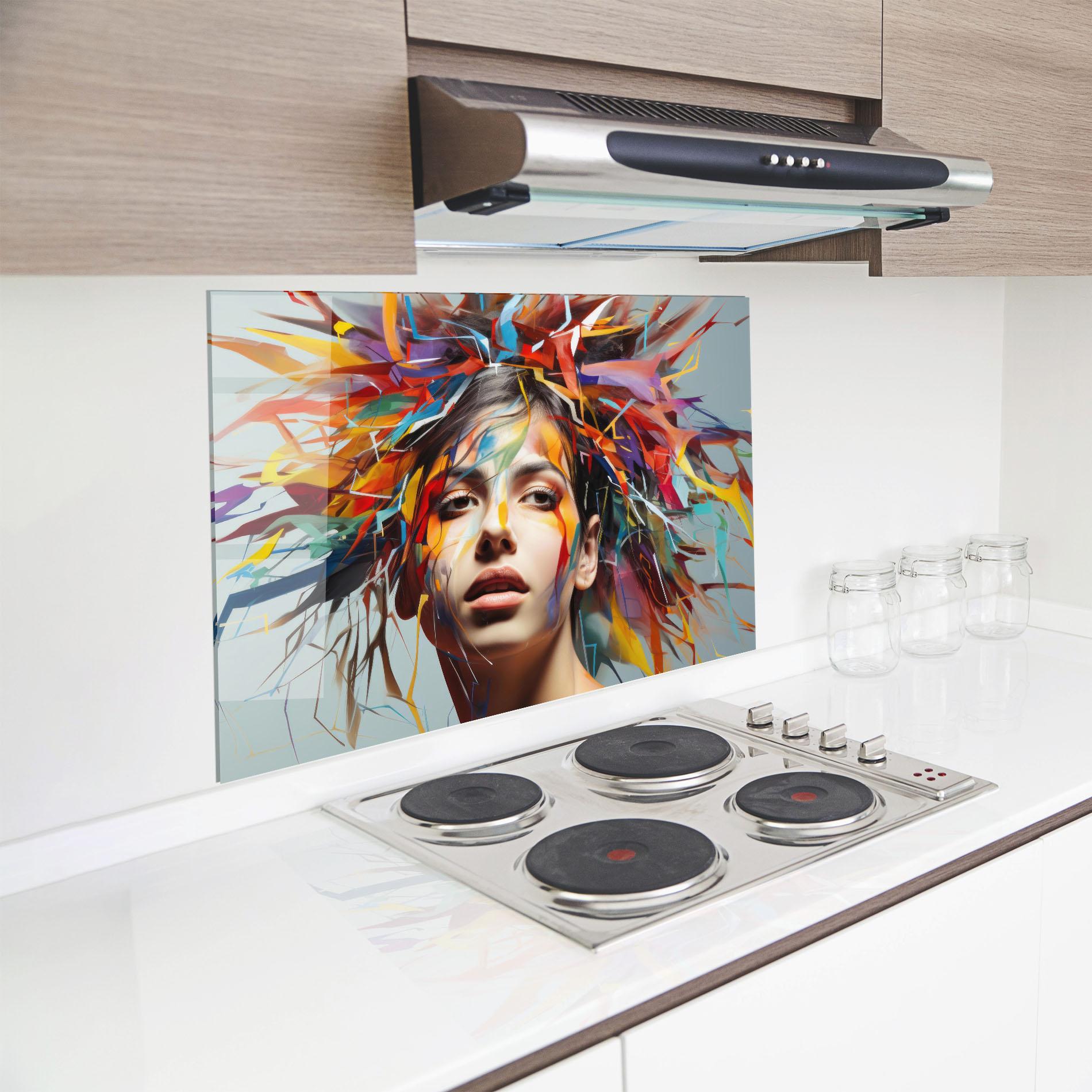 Küchenrückwand Glas Colorful Paint Hair mockup 8