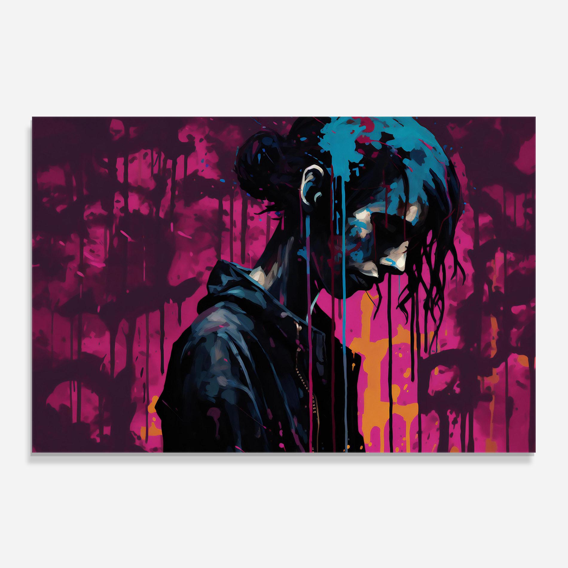 Küchenrückwand Glas Blue Pink Paint Falling mockup 0