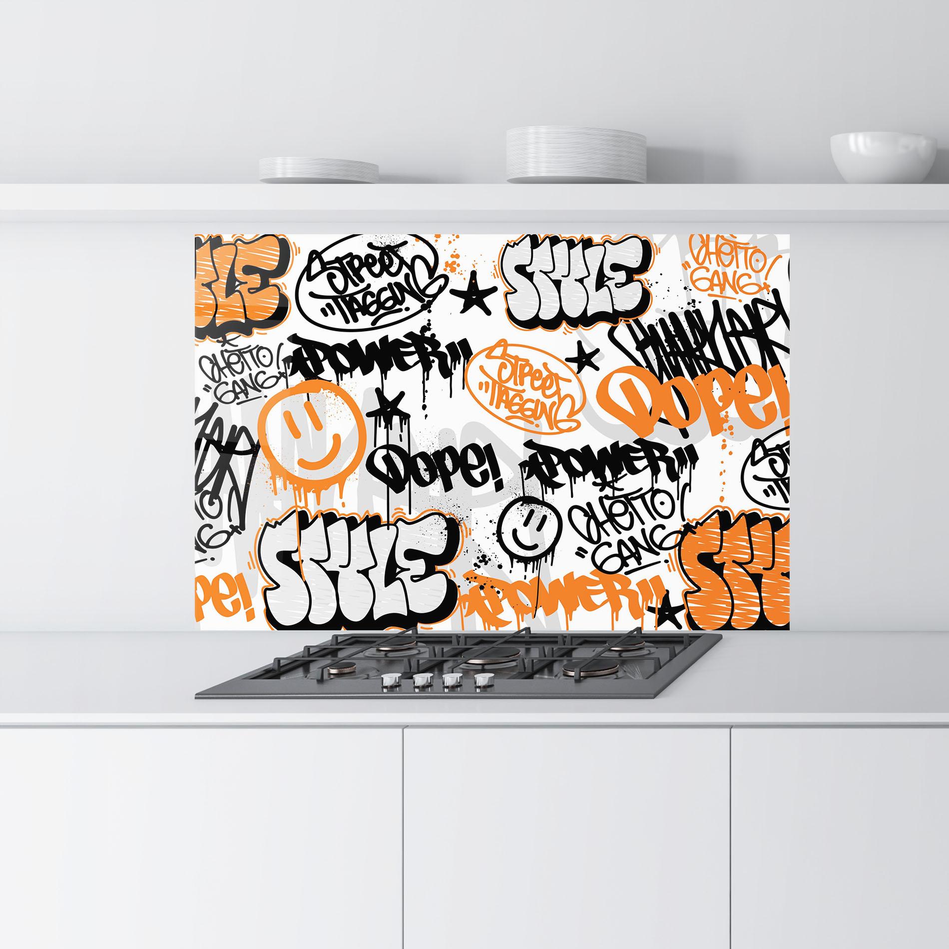 Küchenrückwand Glas Black Orange Graffiti mockup 9