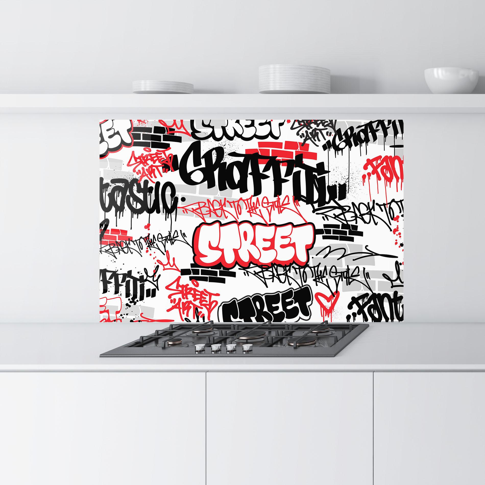 Küchenrückwand Glas Black Red Tags mockup 9