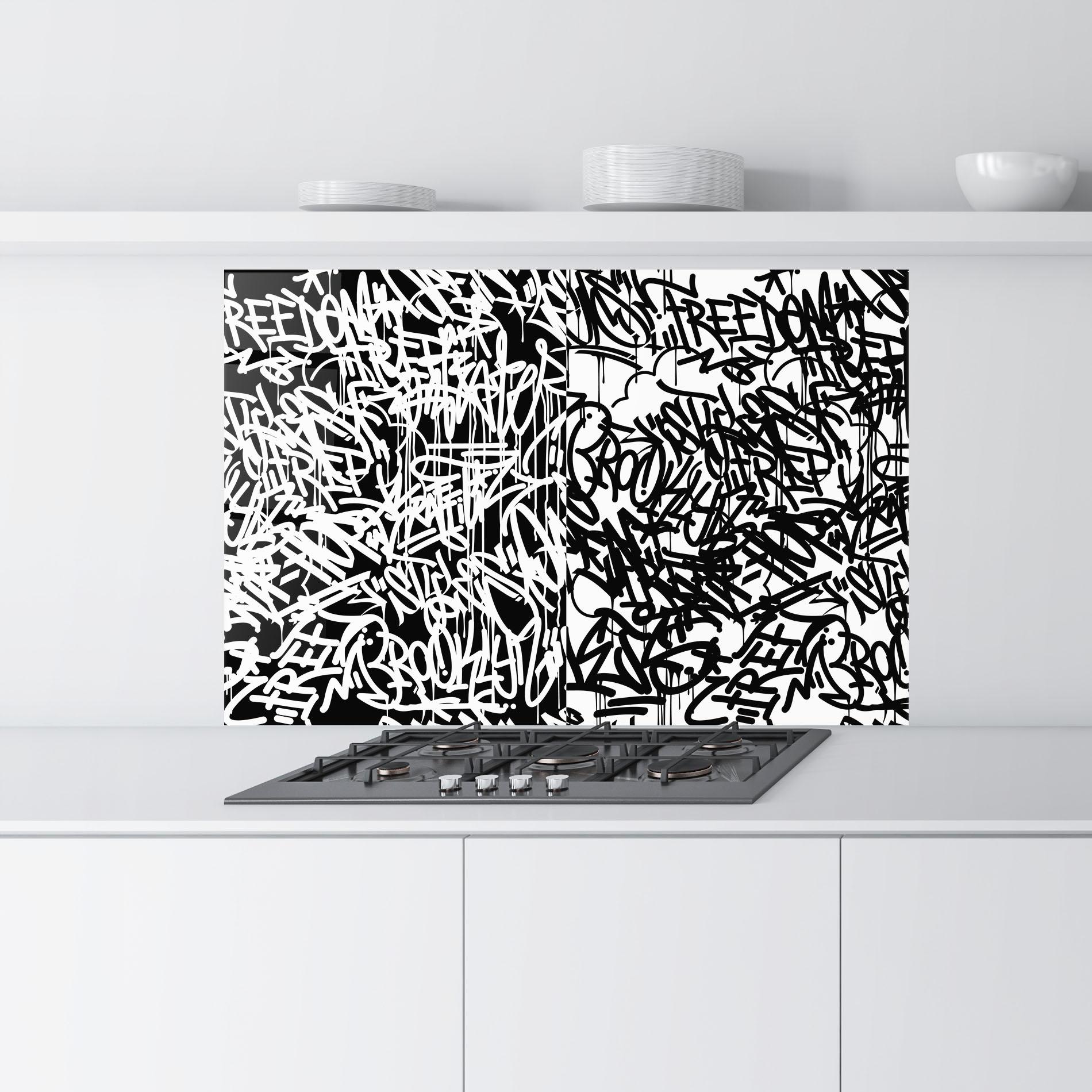 Küchenrückwand Glas Black White Graffiti mockup 9