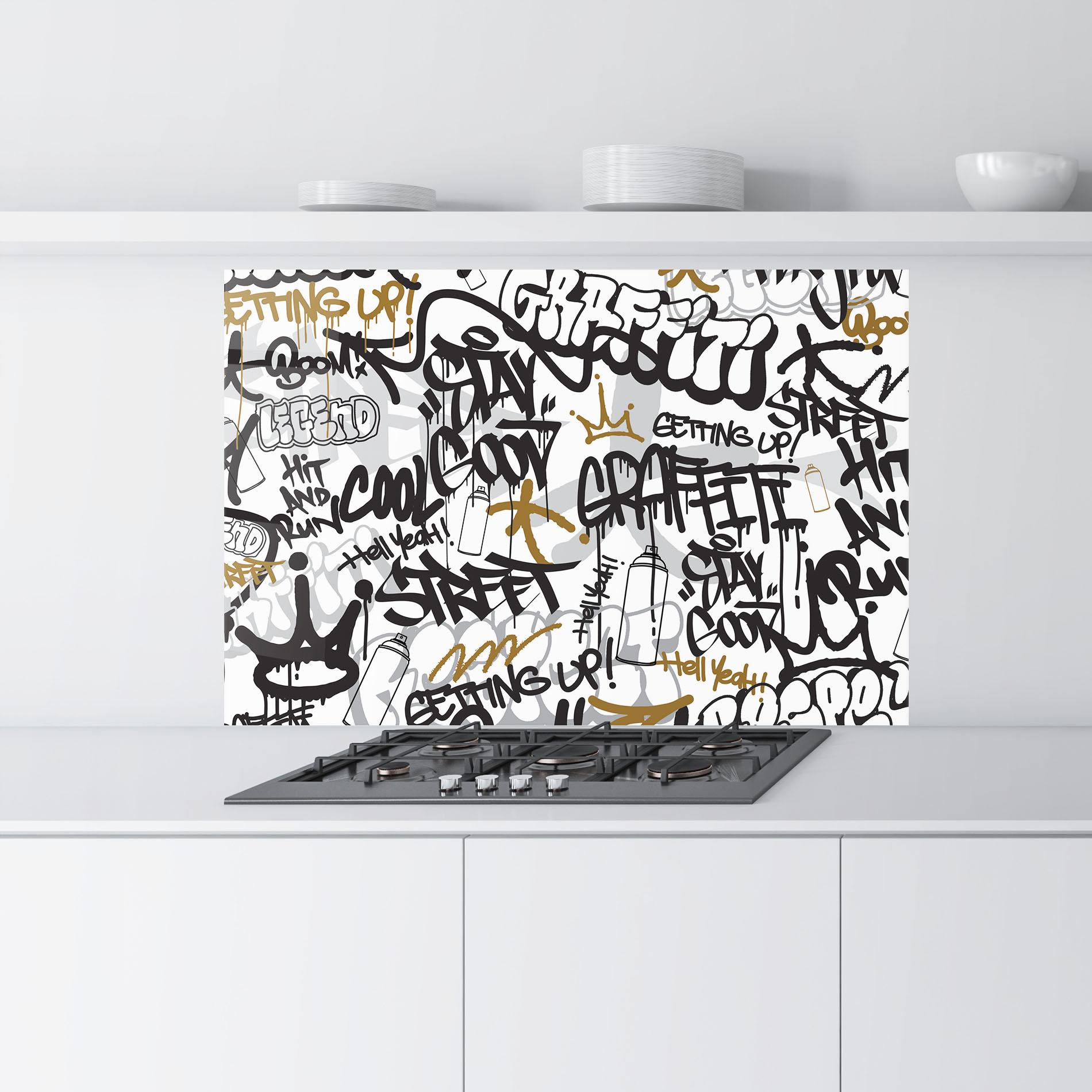Küchenrückwand Glas Black Yellow Graffiti mockup 9