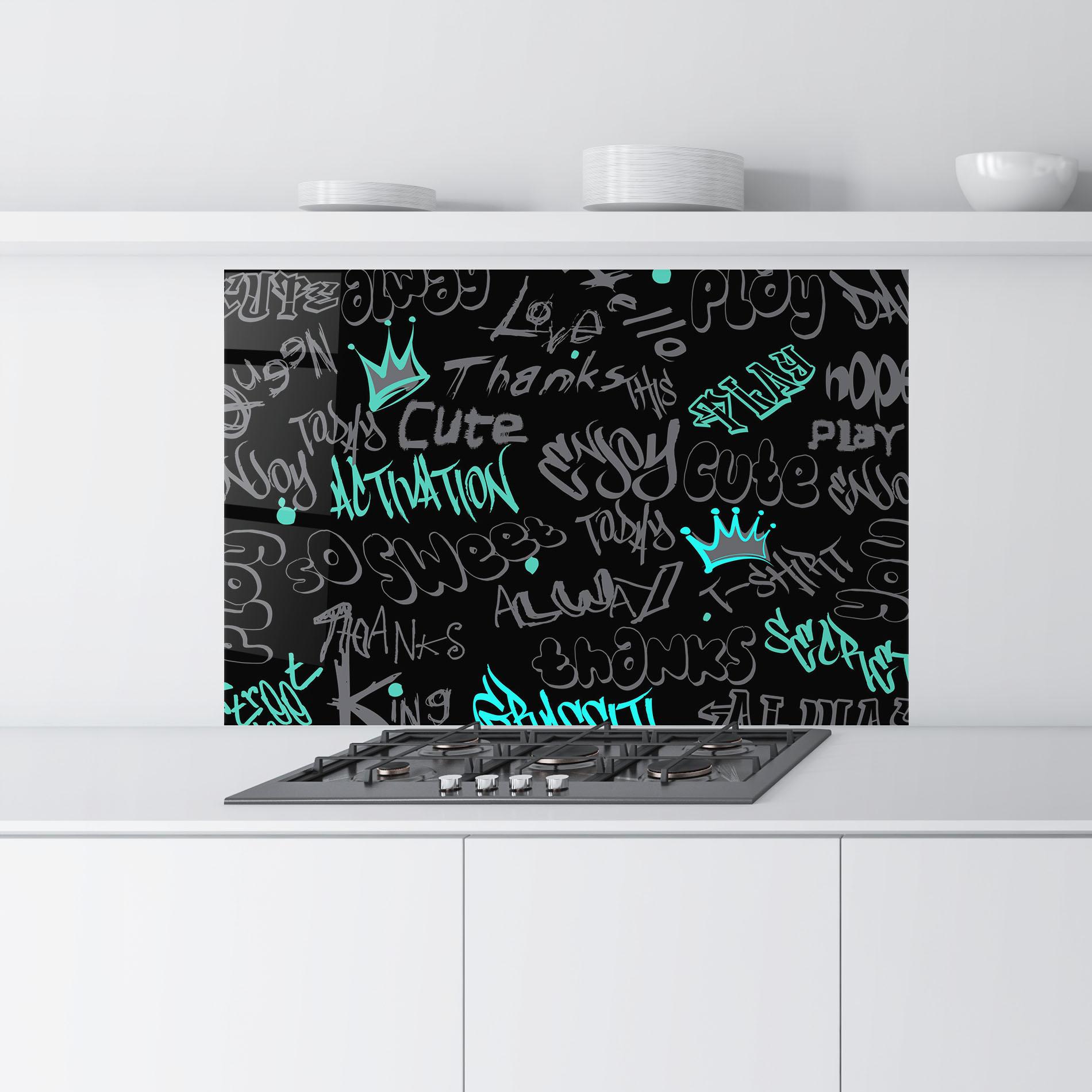 Küchenrückwand Glas Blue Grey Graffiti mockup 9