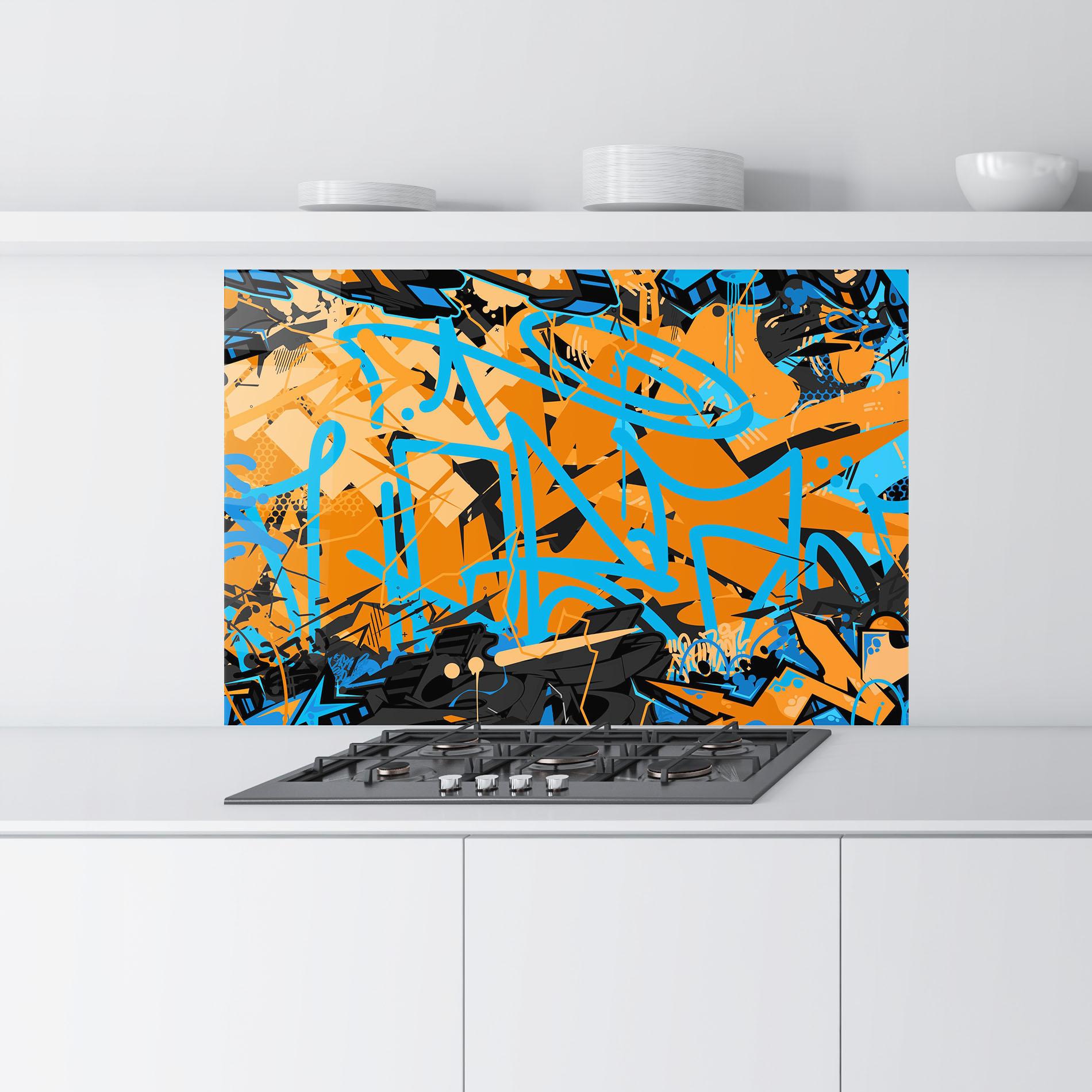 Küchenrückwand Glas Blue Orange Graffiti mockup 9