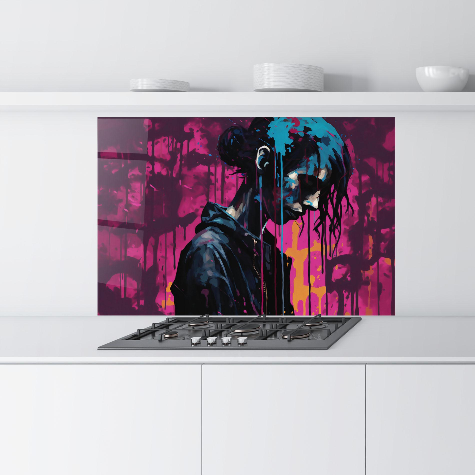 Küchenrückwand Glas Blue Pink Paint Falling mockup 9