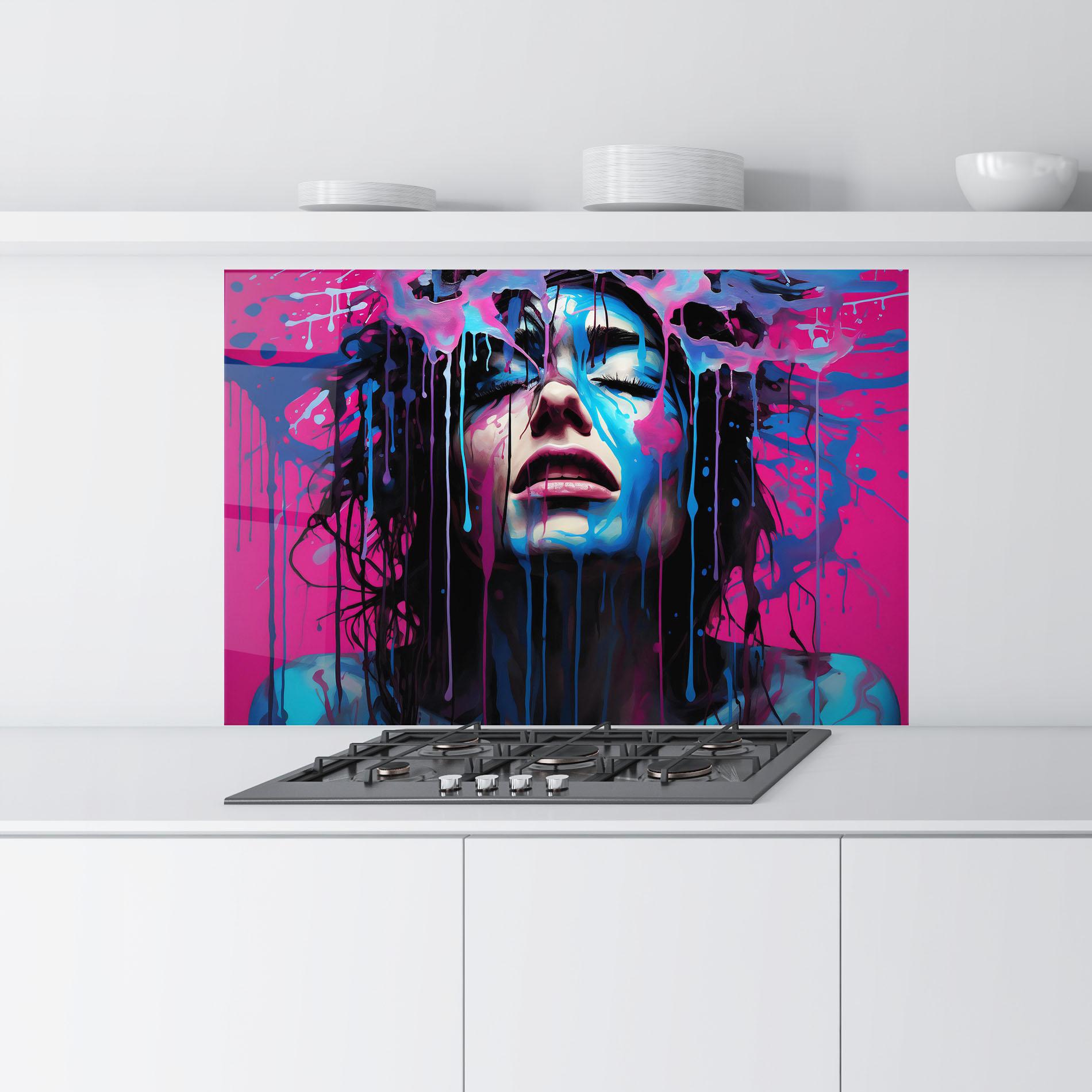 Küchenrückwand Glas Blue Pink Woman mockup 9