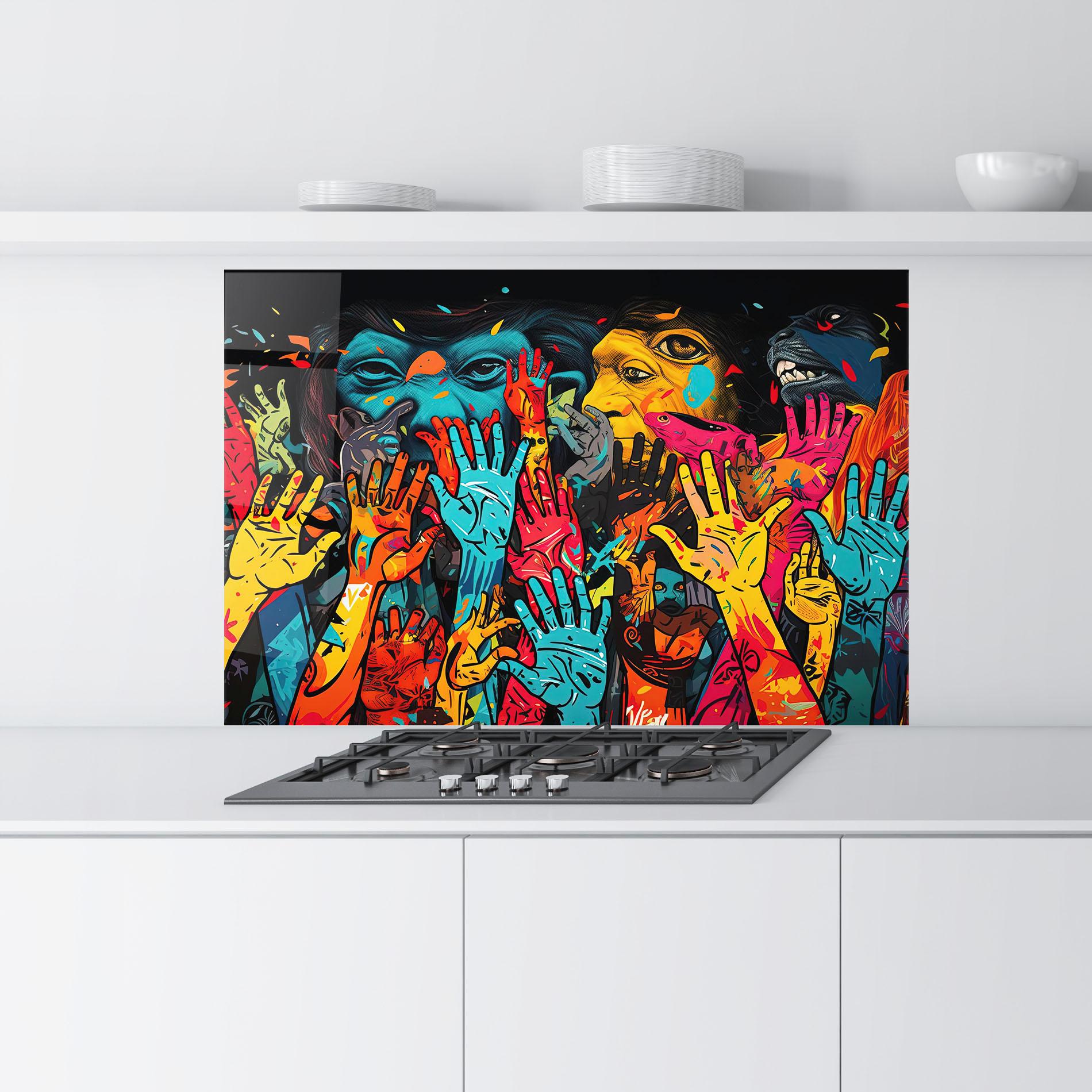 Küchenrückwand Glas Colorful Hands mockup 9