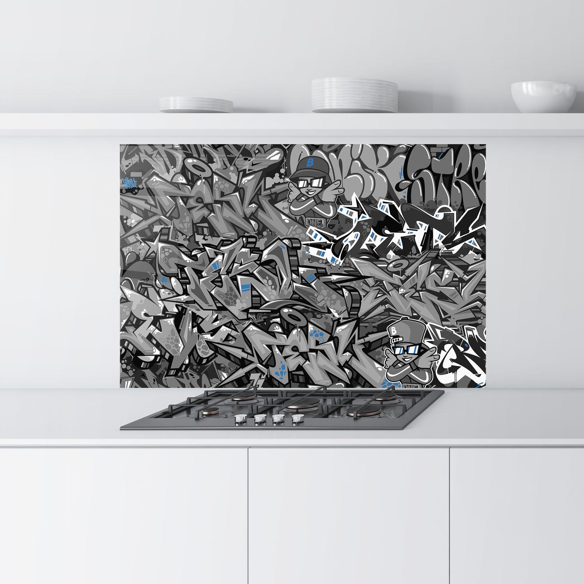 Küchenrückwand Glas Grey Blue Graffiti mockup 9
