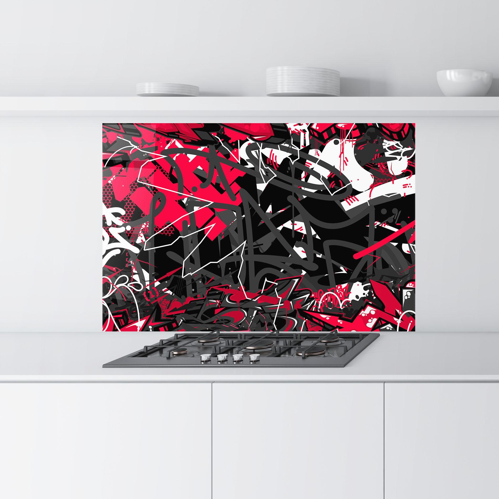 Küchenrückwand Glas Grey Red Graffiti mockup 9