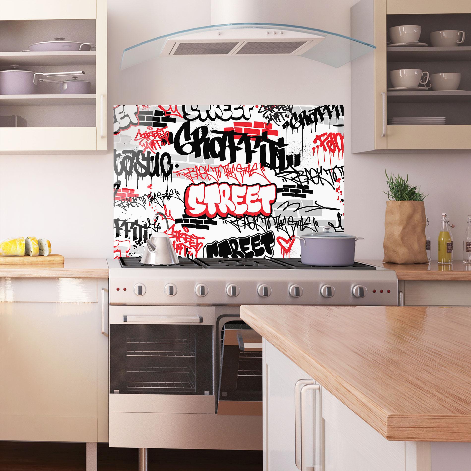 Küchenrückwand Glas Black Red Tags mockup 1