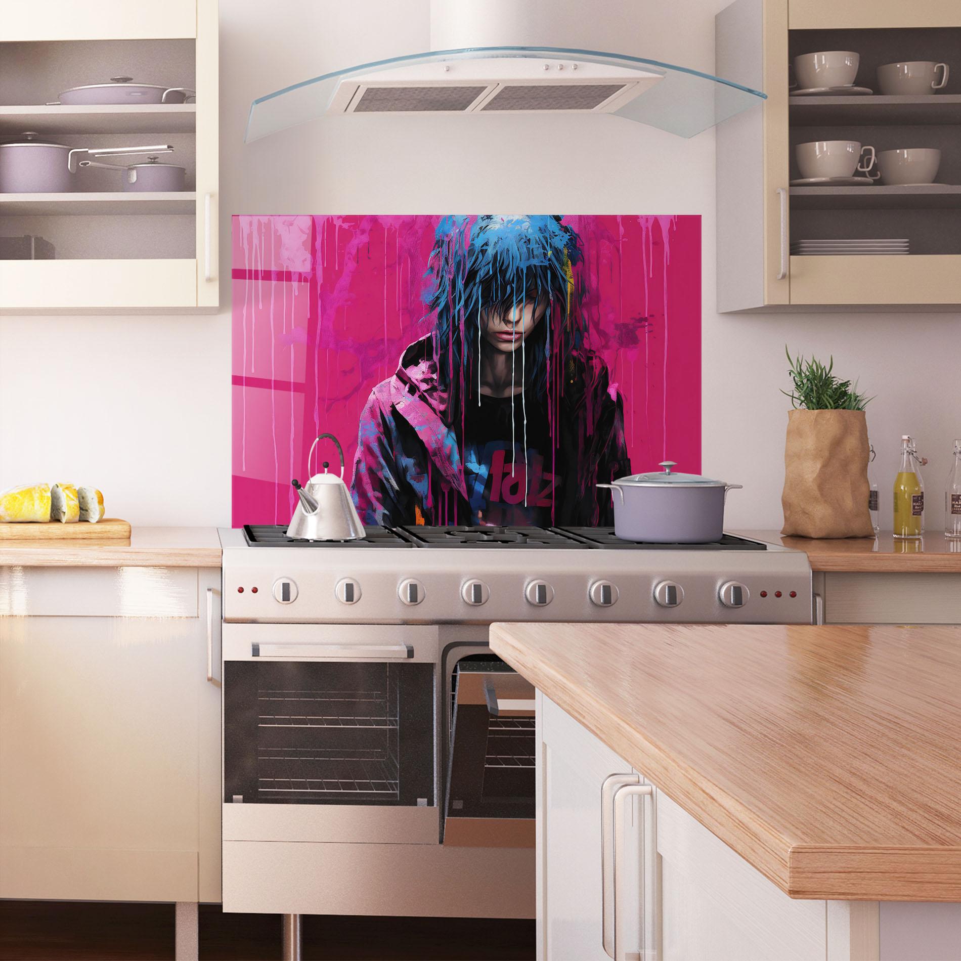 Küchenrückwand Glas Blue Pink Falling Paint mockup 1