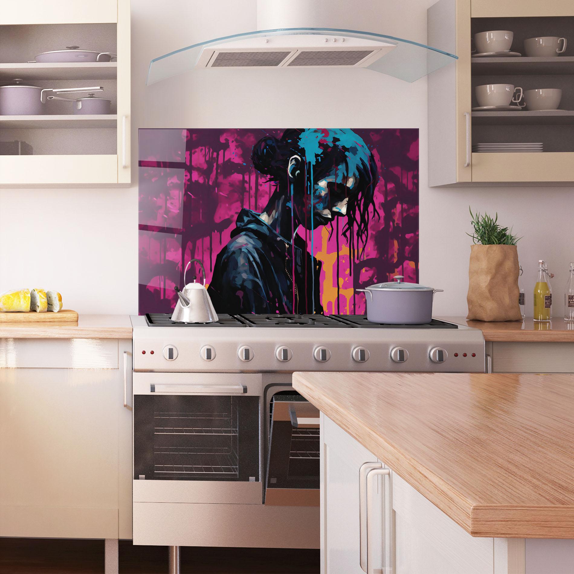 Küchenrückwand Glas Blue Pink Paint Falling mockup 1