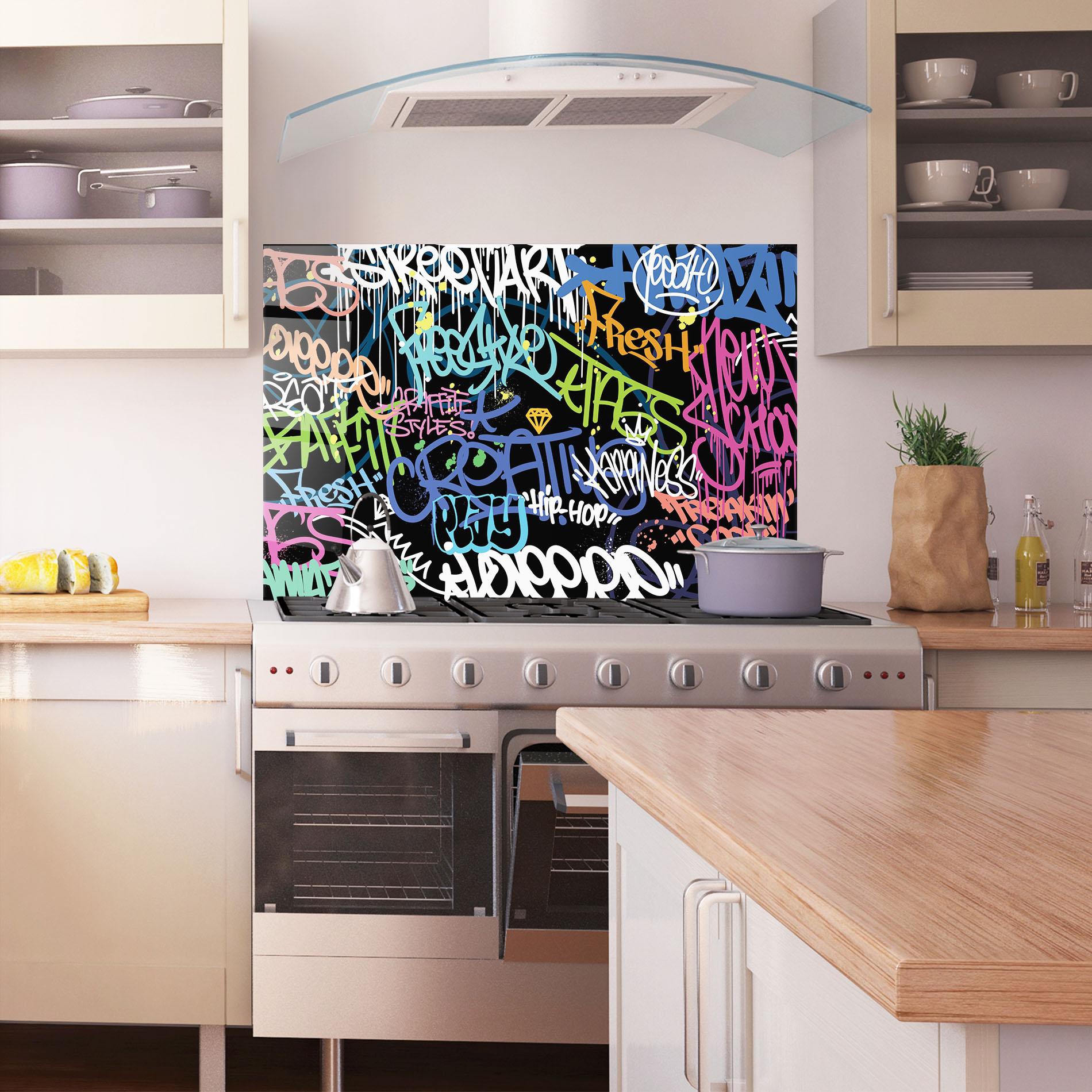 Küchenrückwand Glas Colorful Tags mockup 1