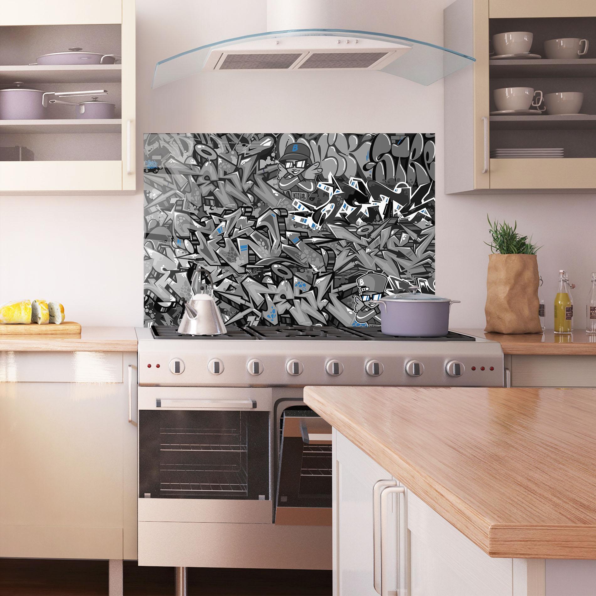 Küchenrückwand Glas Grey Blue Graffiti mockup 1