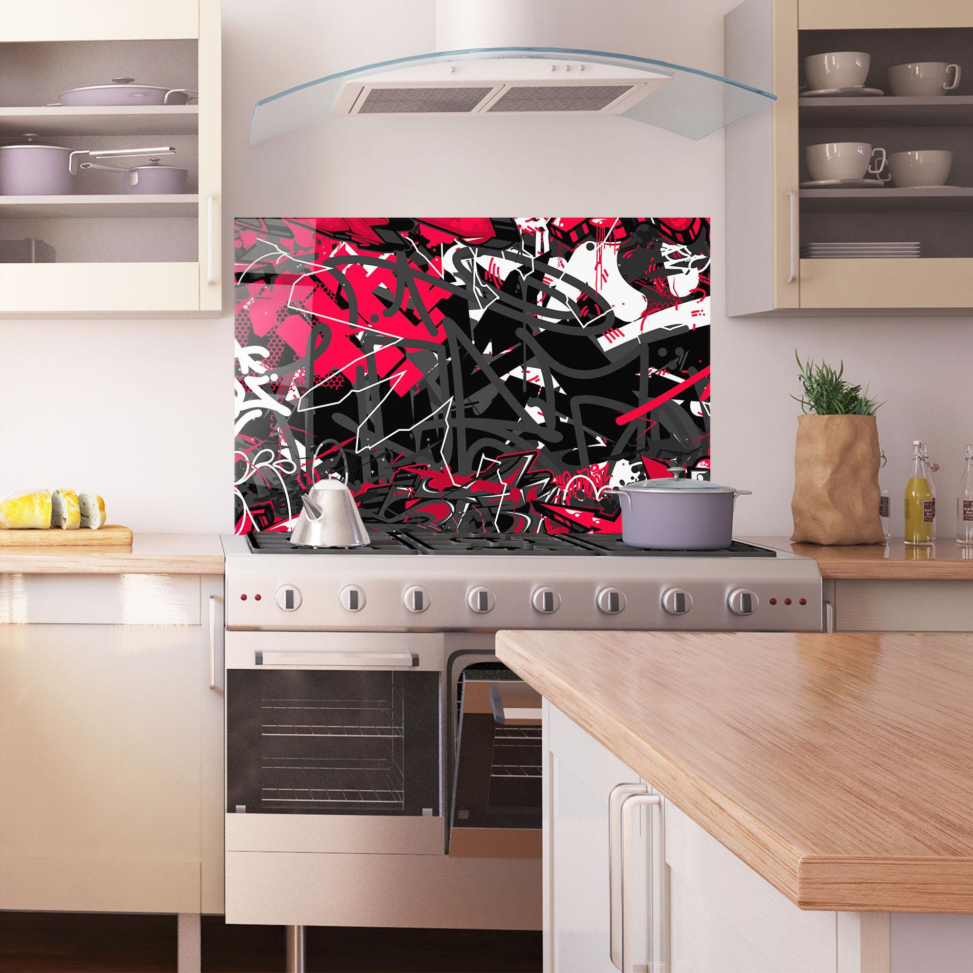Küchenrückwand Glas Grey Red Graffiti mockup 1