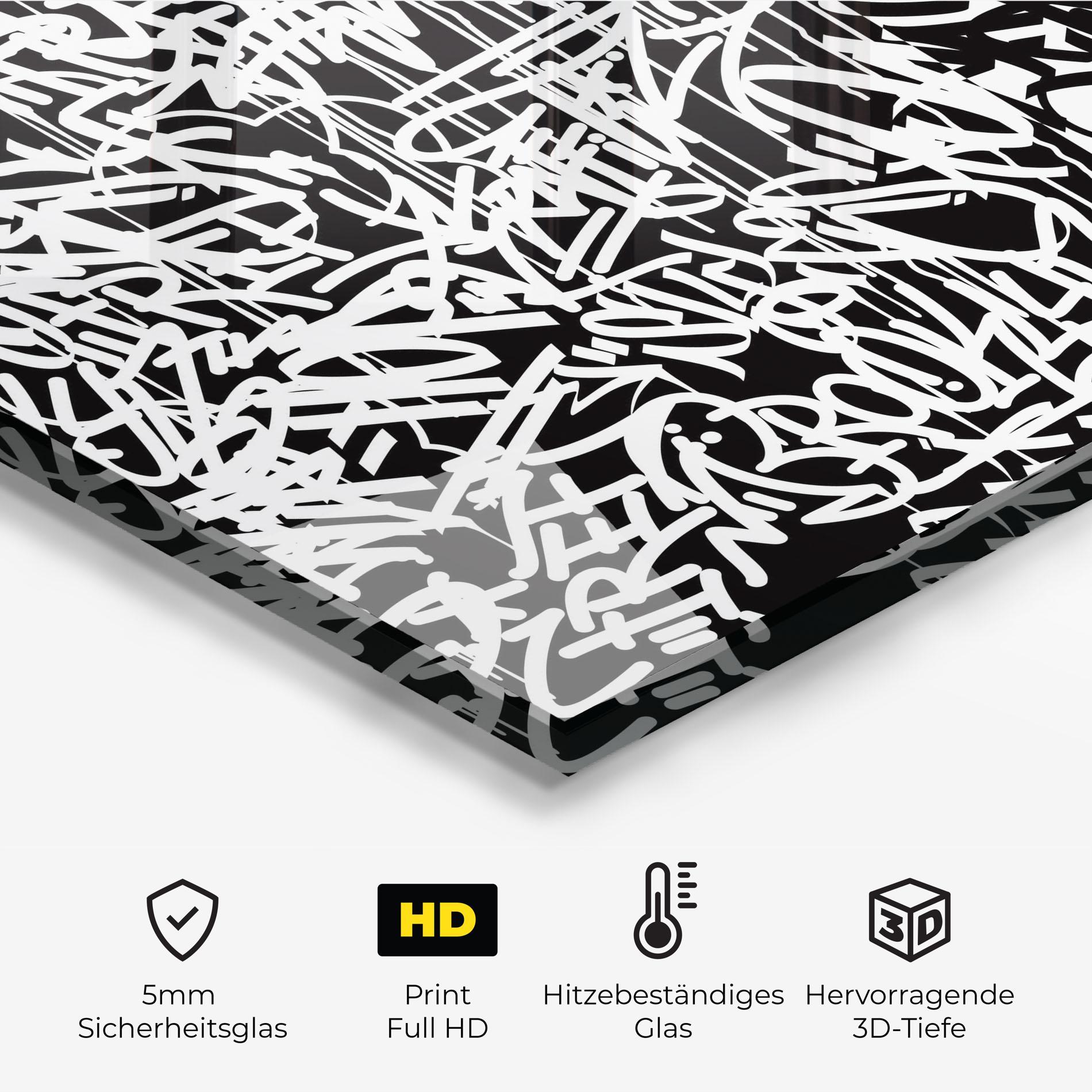 Küchenrückwand Glas Black White Graffiti mockup 2