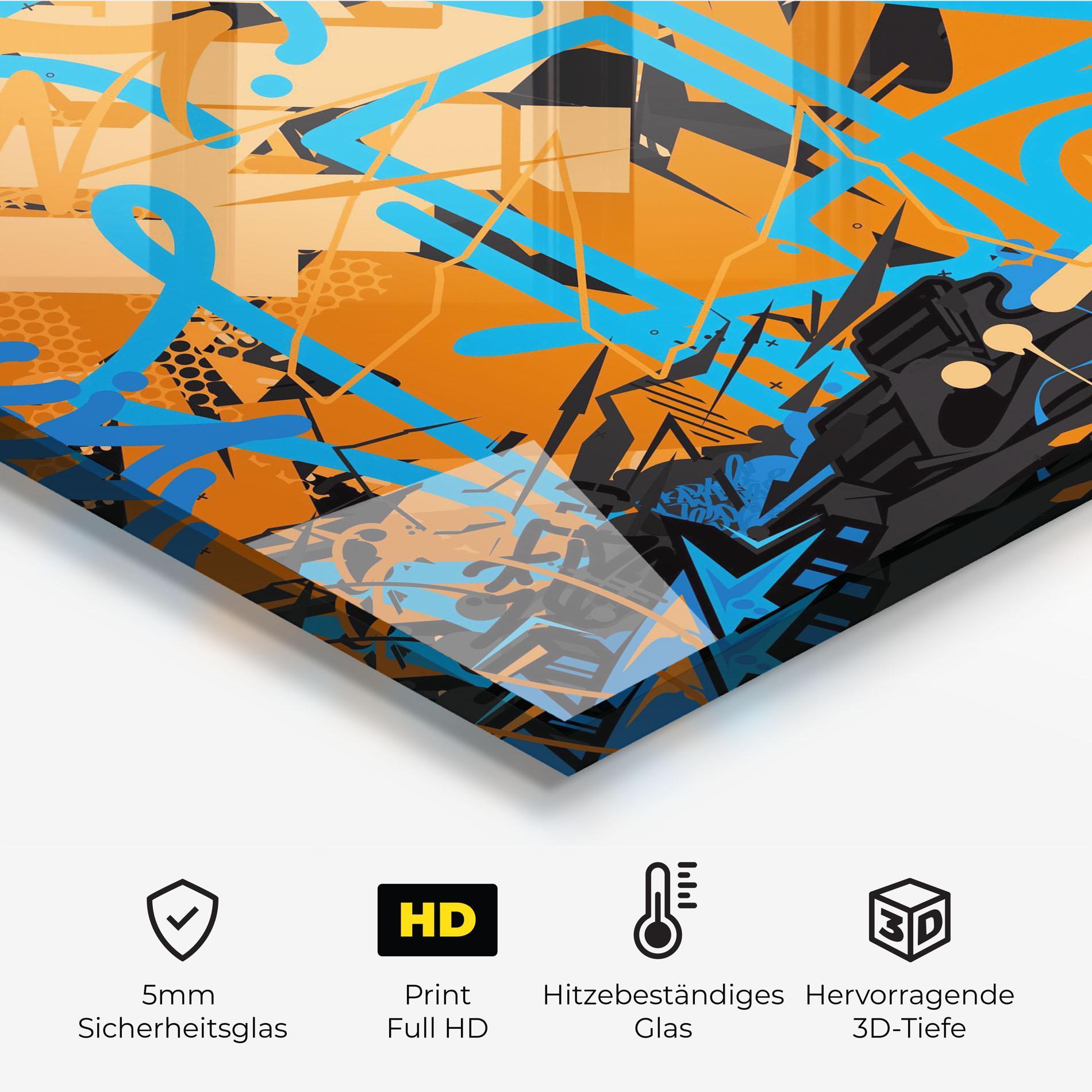 Küchenrückwand Glas Blue Orange Graffiti mockup 2