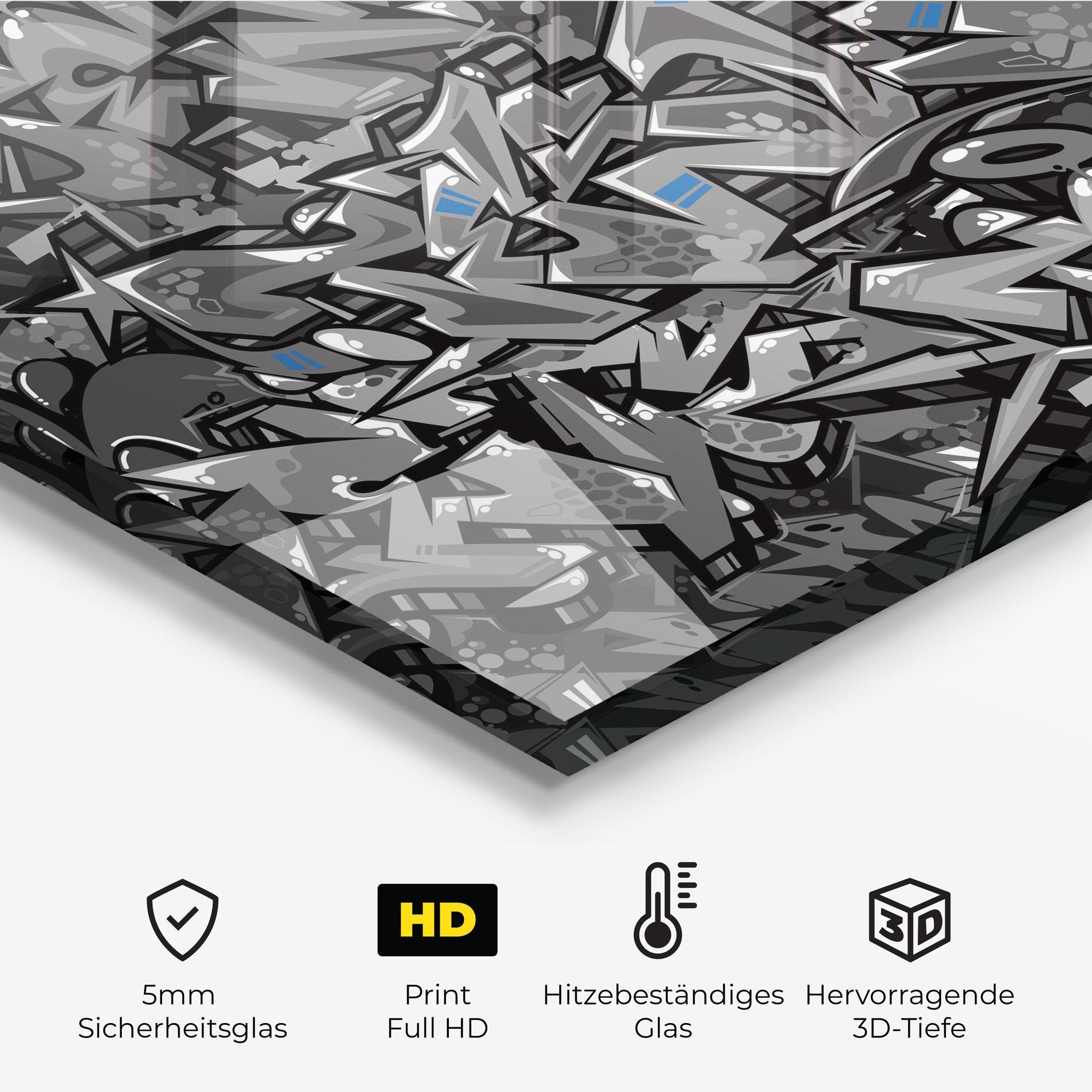 Küchenrückwand Glas Grey Blue Graffiti mockup 2