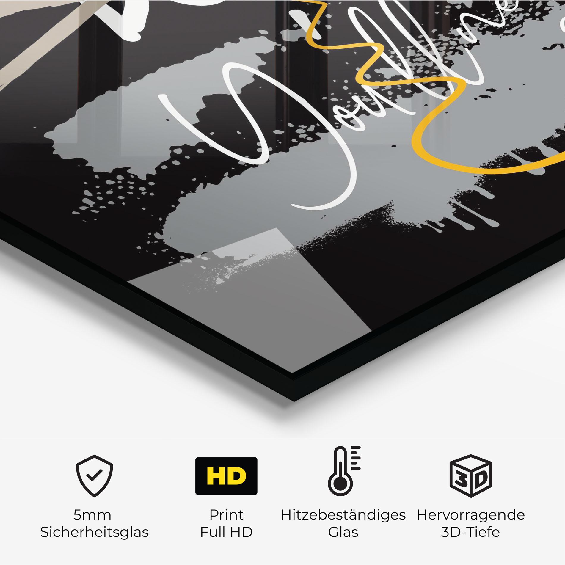 Küchenrückwand Glas Grey Orange Graffiti mockup 2