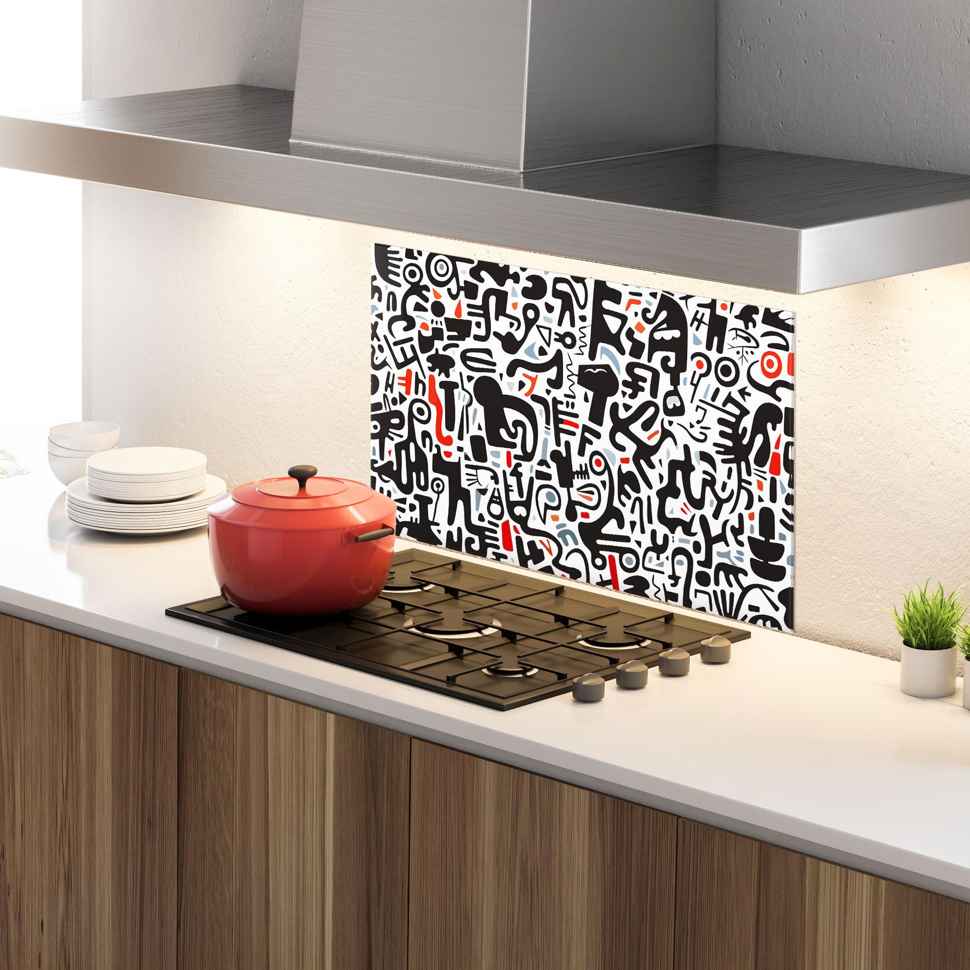 Küchenrückwand Glas Black Red Doodle mockup 4