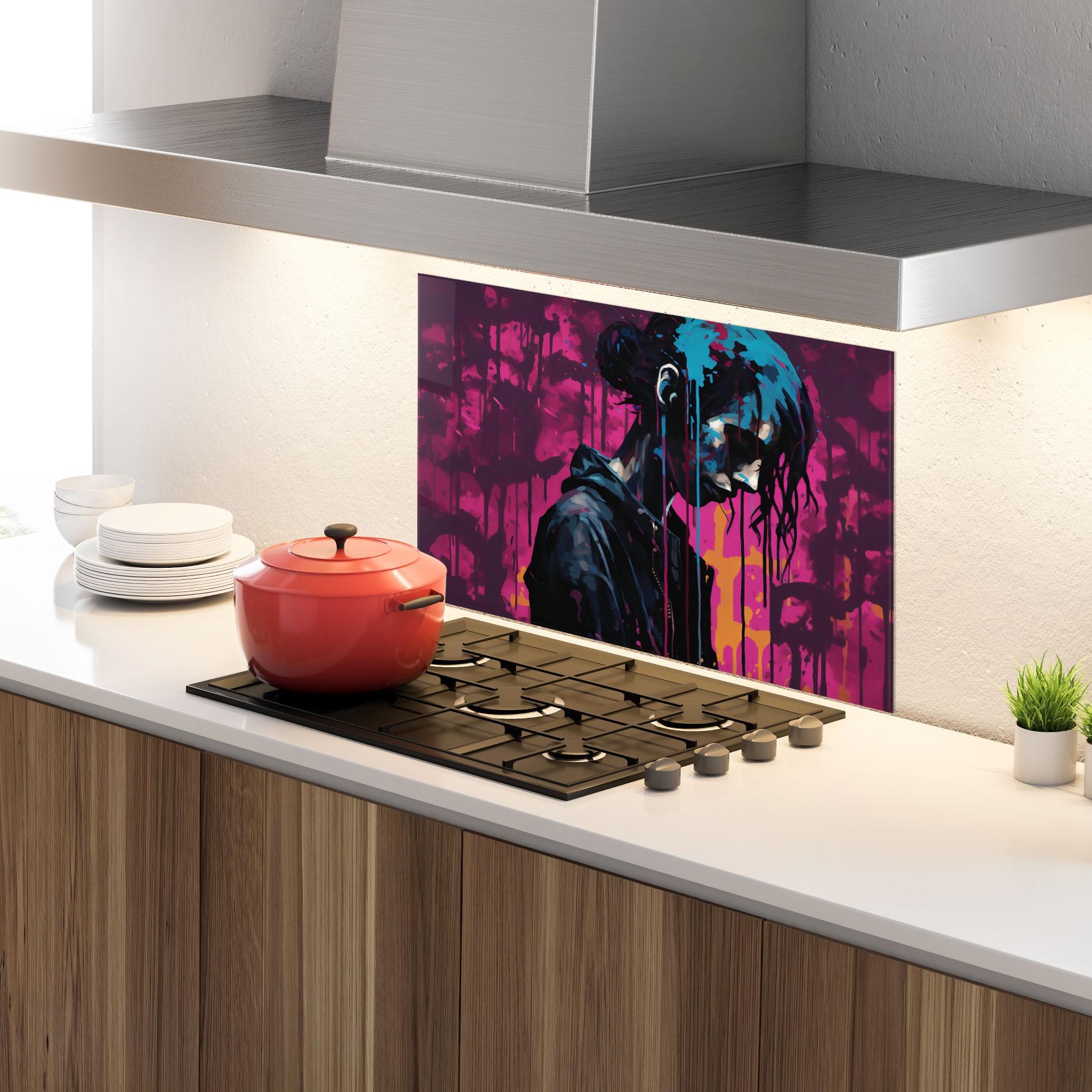 Küchenrückwand Glas Blue Pink Paint Falling mockup 4