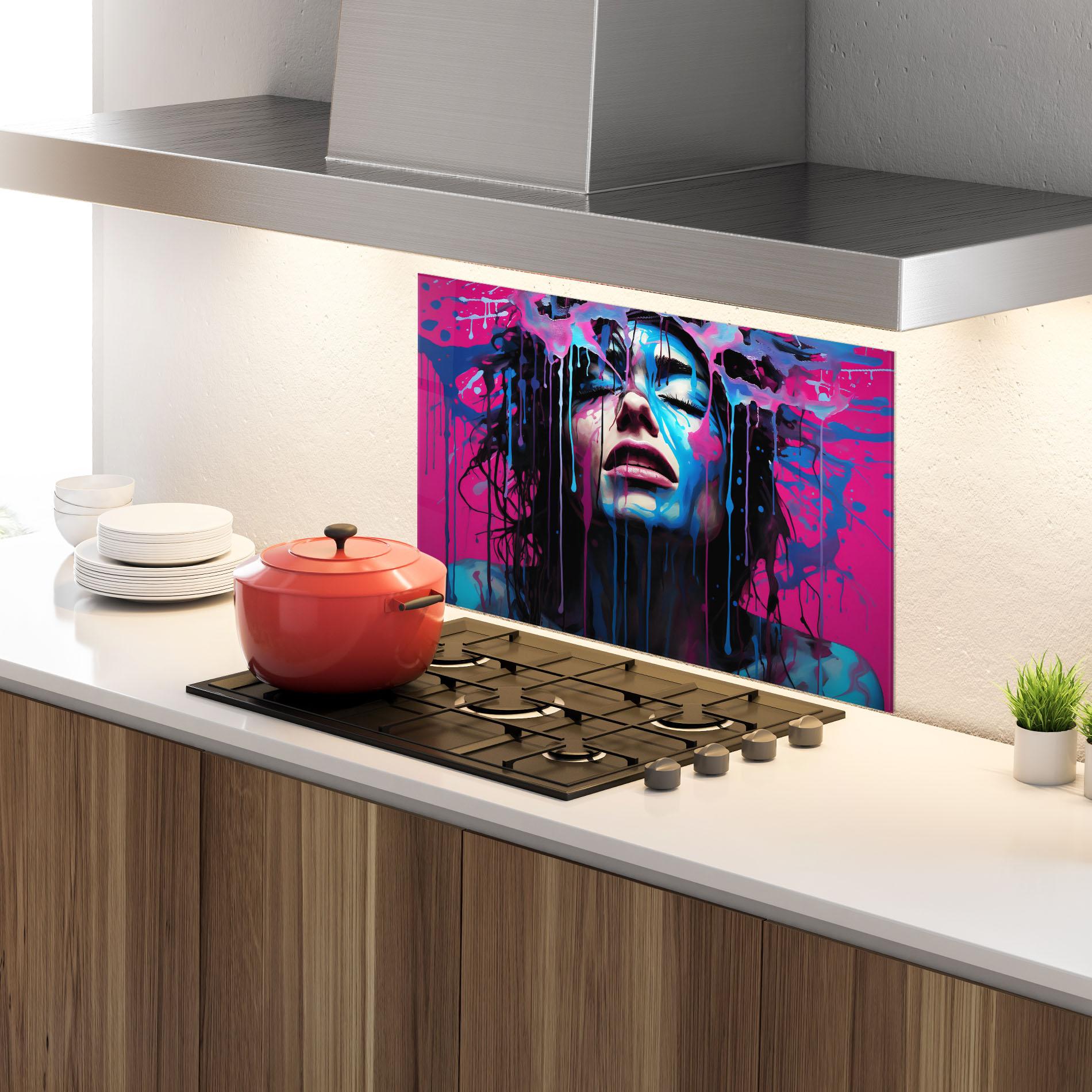 Küchenrückwand Glas Blue Pink Woman mockup 4