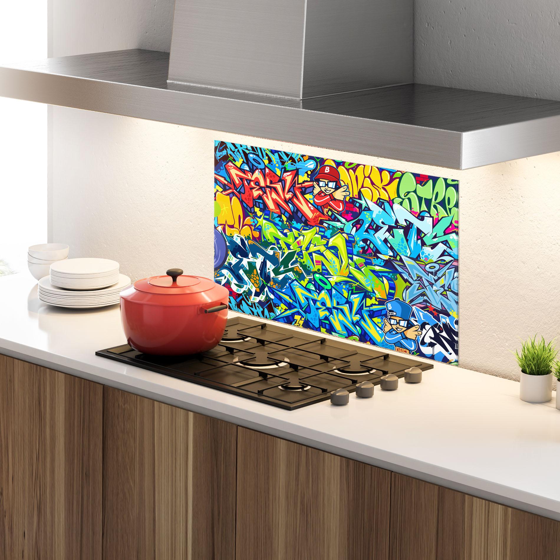 Küchenrückwand Glas Colorful Graffiti mockup 4