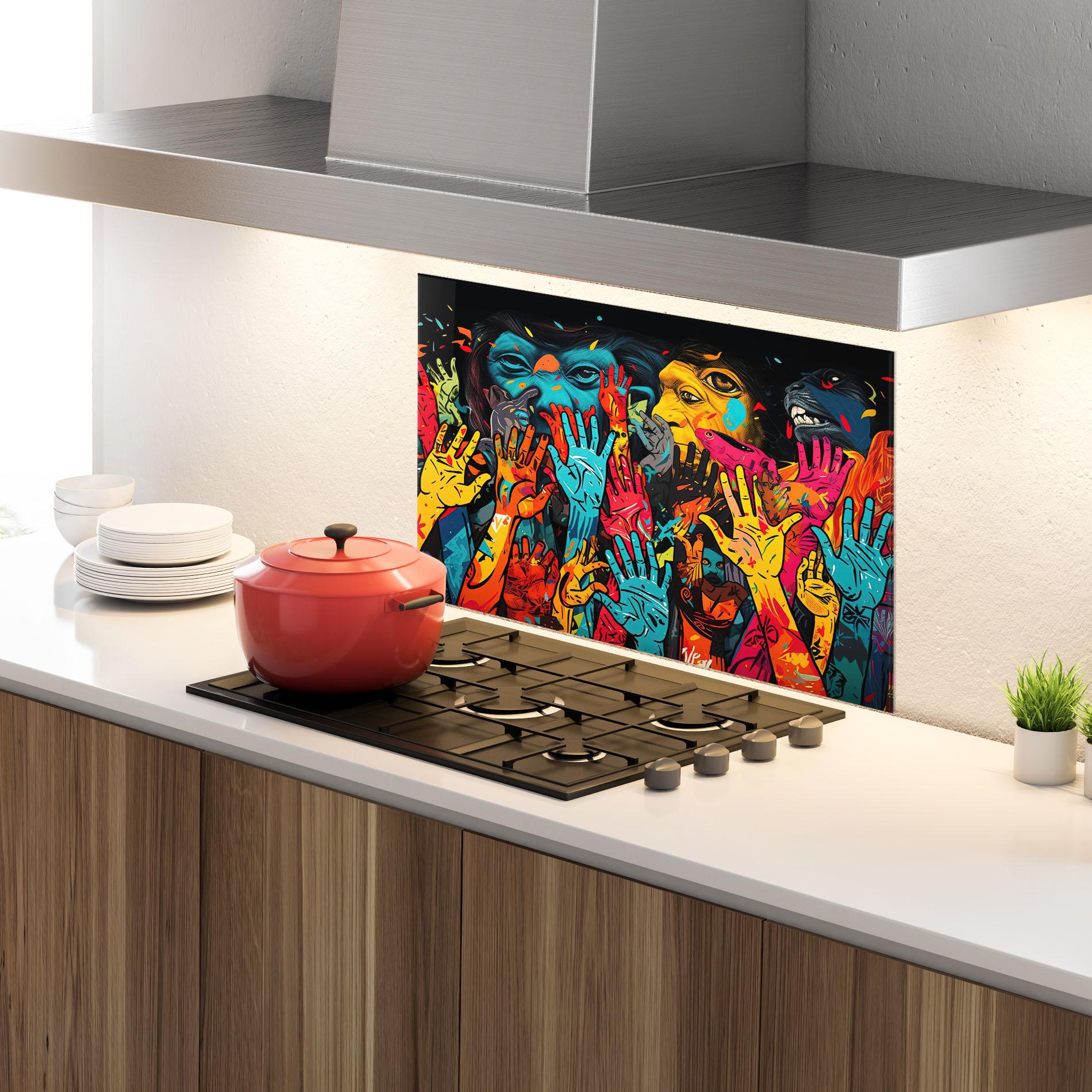 Küchenrückwand Glas Colorful Hands mockup 4