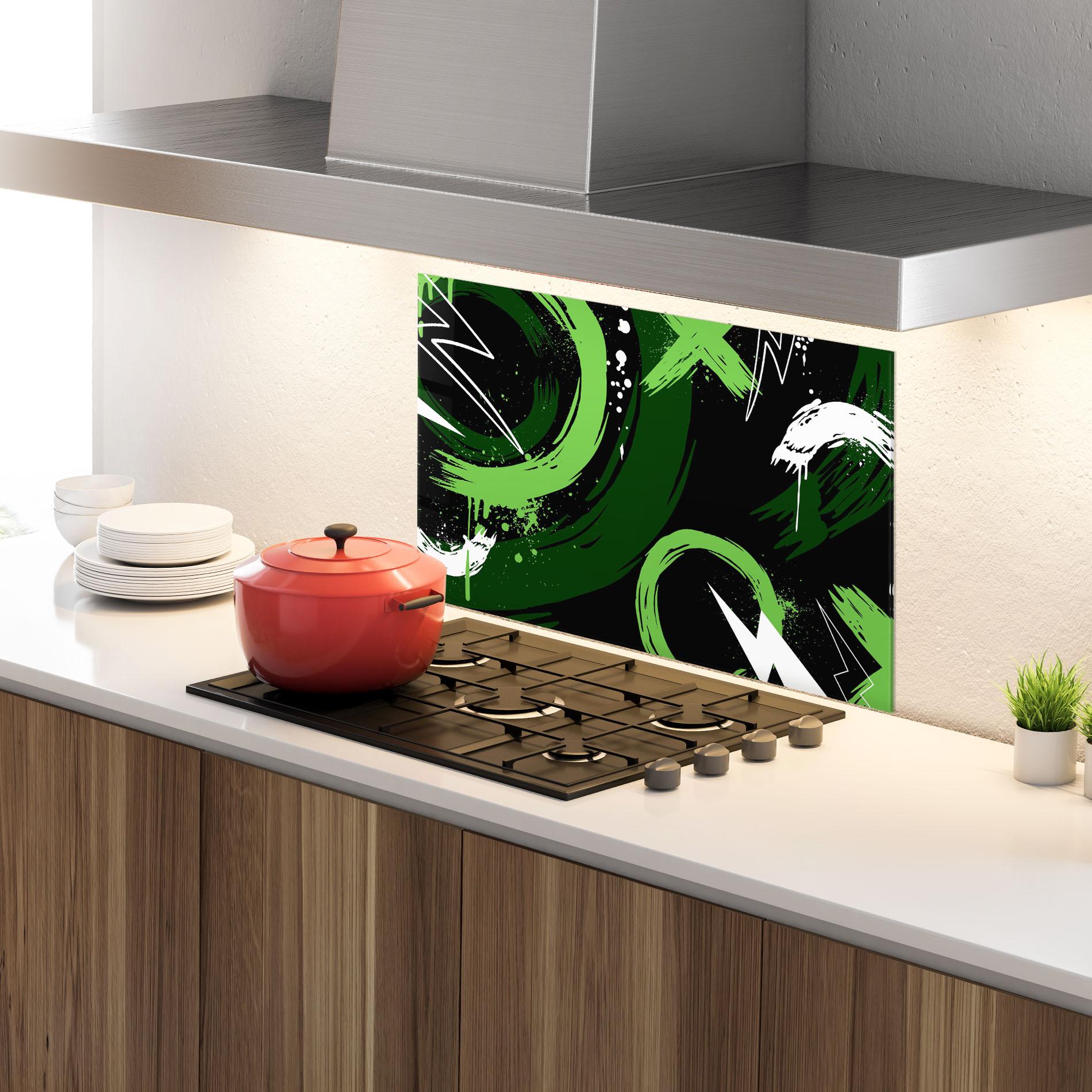 Küchenrückwand Glas Green Shades Graffiti mockup 4