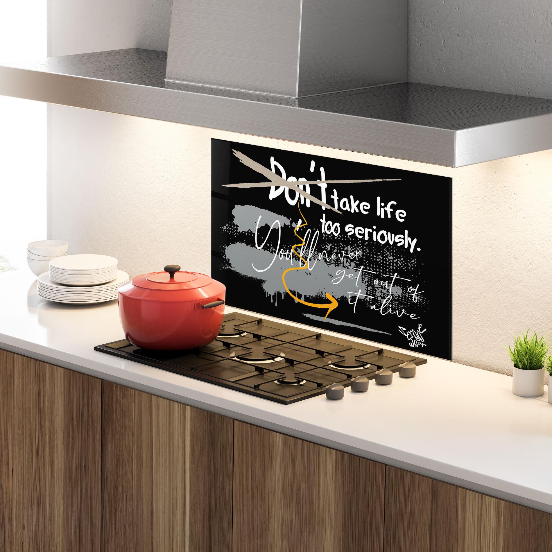 Küchenrückwand Glas Grey Orange Graffiti mockup 4
