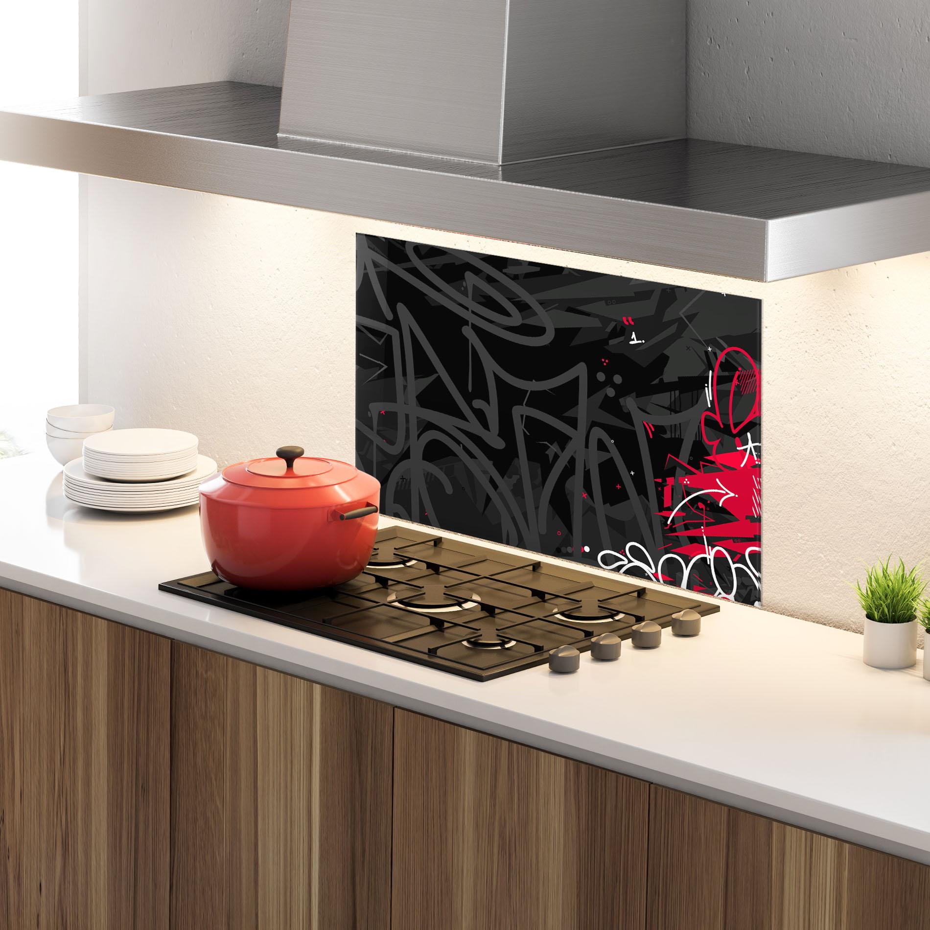 Küchenrückwand Glas Grey Pink Graffiti mockup 4